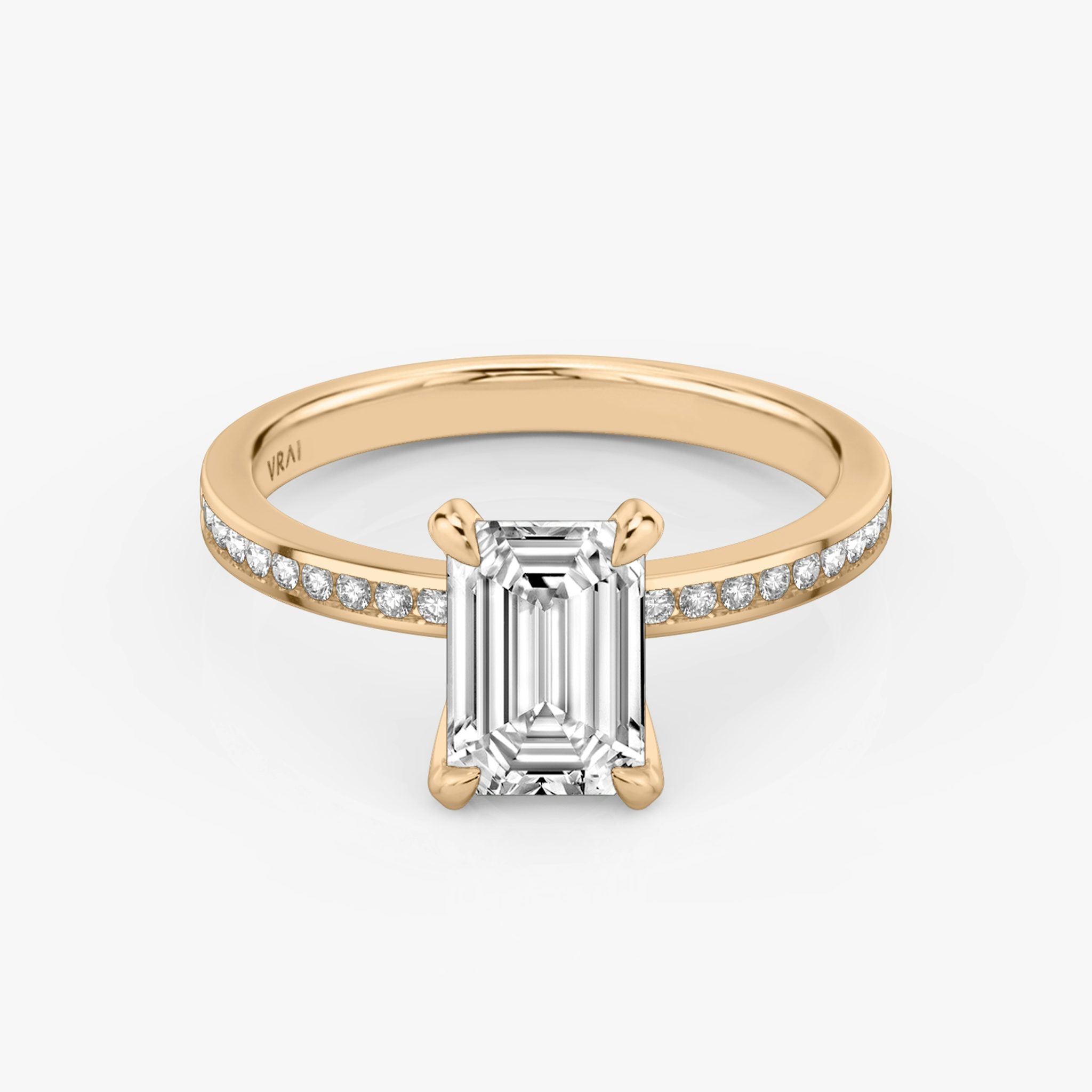 The Devotion | Emerald | 14k | Rose Gold | bandAccent: Pavé | bandStoneShape: Round Brilliant | bandStoneStyle: original | diamondOrientation: vertical | caratWeight: other
