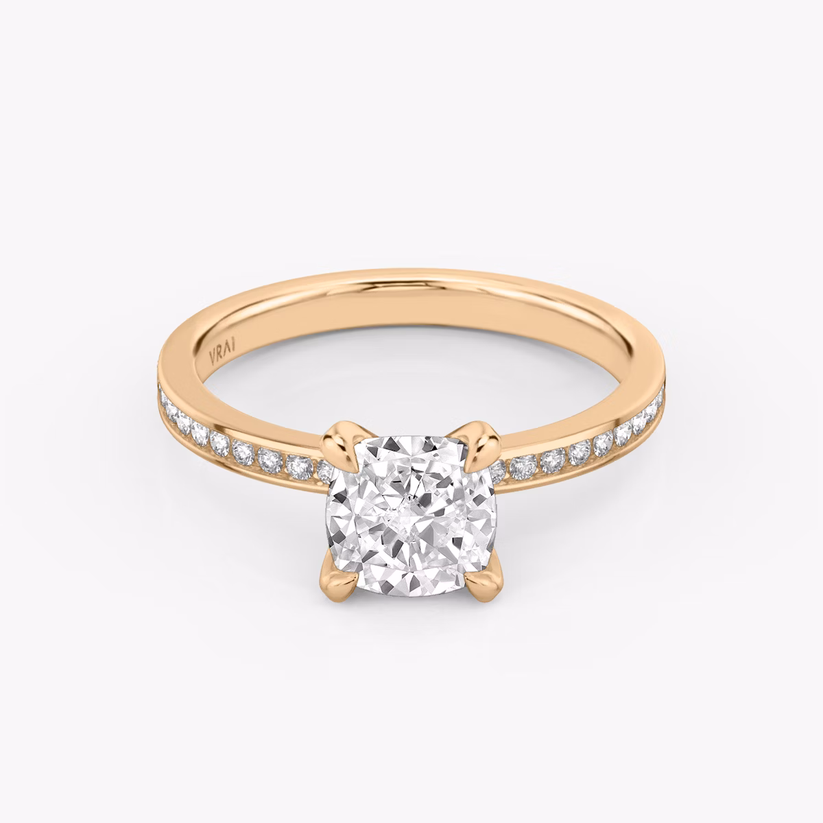 The Devotion | Cushion | 14k | Rose Gold | bandAccent: Pavé | bandStoneShape: Round Brilliant | bandStoneStyle: original | diamondOrientation: vertical | caratWeight: other