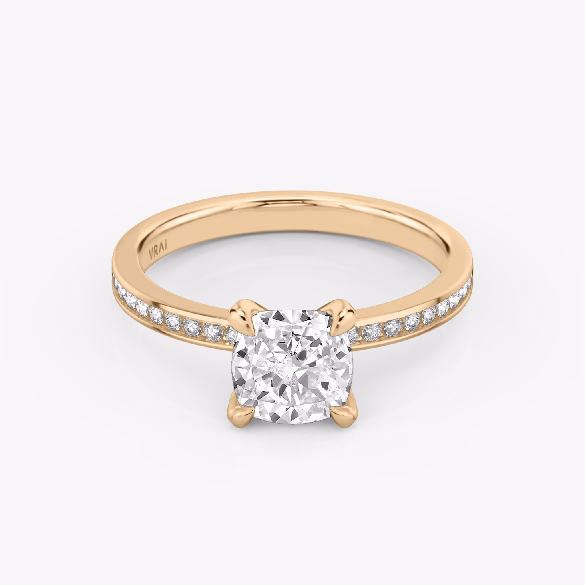 The Devotion | Cushion | 14k | Rose Gold | bandAccent: Pavé | bandStoneShape: Round Brilliant | bandStoneStyle: original | diamondOrientation: vertical | caratWeight: other