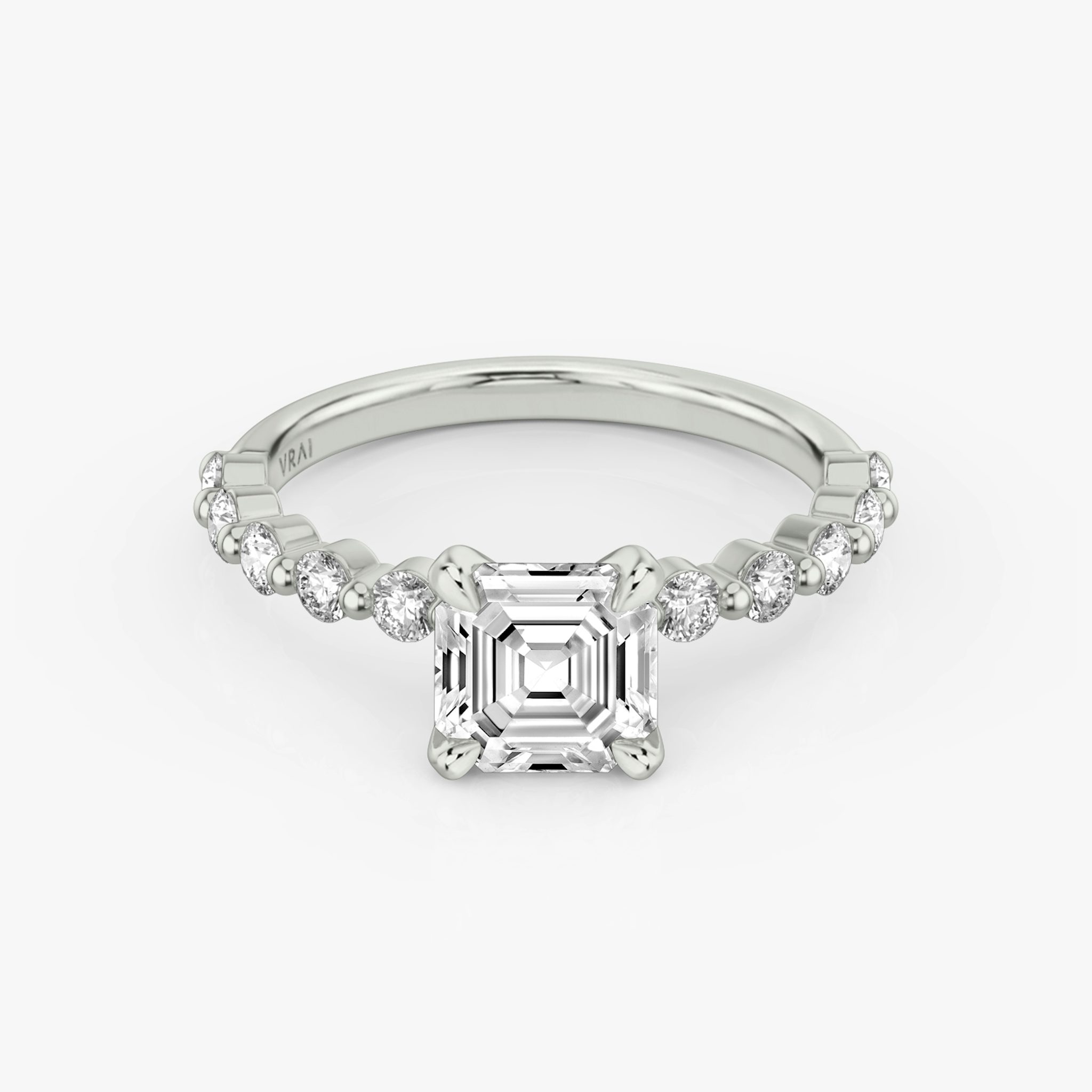 The Single Shared Prong | Asscher | 18k | White Gold | bandAccent: Plain | bandStoneStyle: large | diamondOrientation: vertical | caratWeight: other