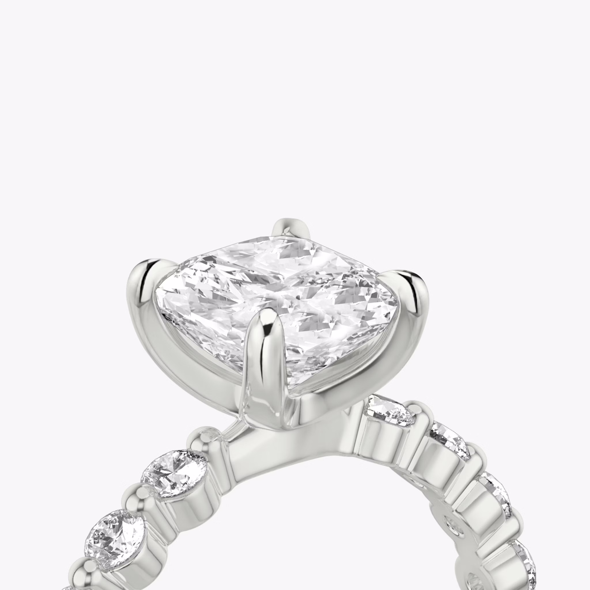 The Single Shared Prong | Cushion | 18k | White Gold | bandAccent: Plain | bandStoneStyle: large | diamondOrientation: vertical | caratWeight: other