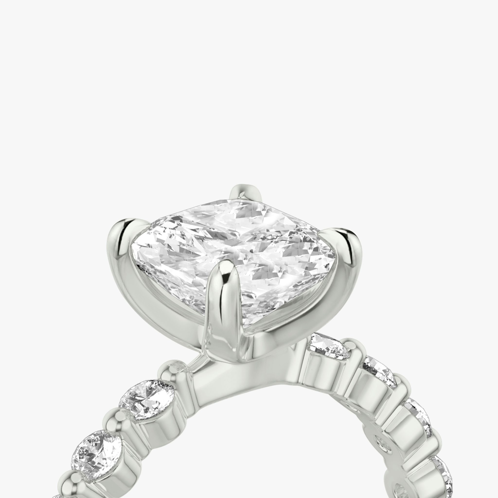 The Single Shared Prong | Cushion | 18k | White Gold | bandAccent: Plain | bandStoneStyle: large | diamondOrientation: vertical | caratWeight: other