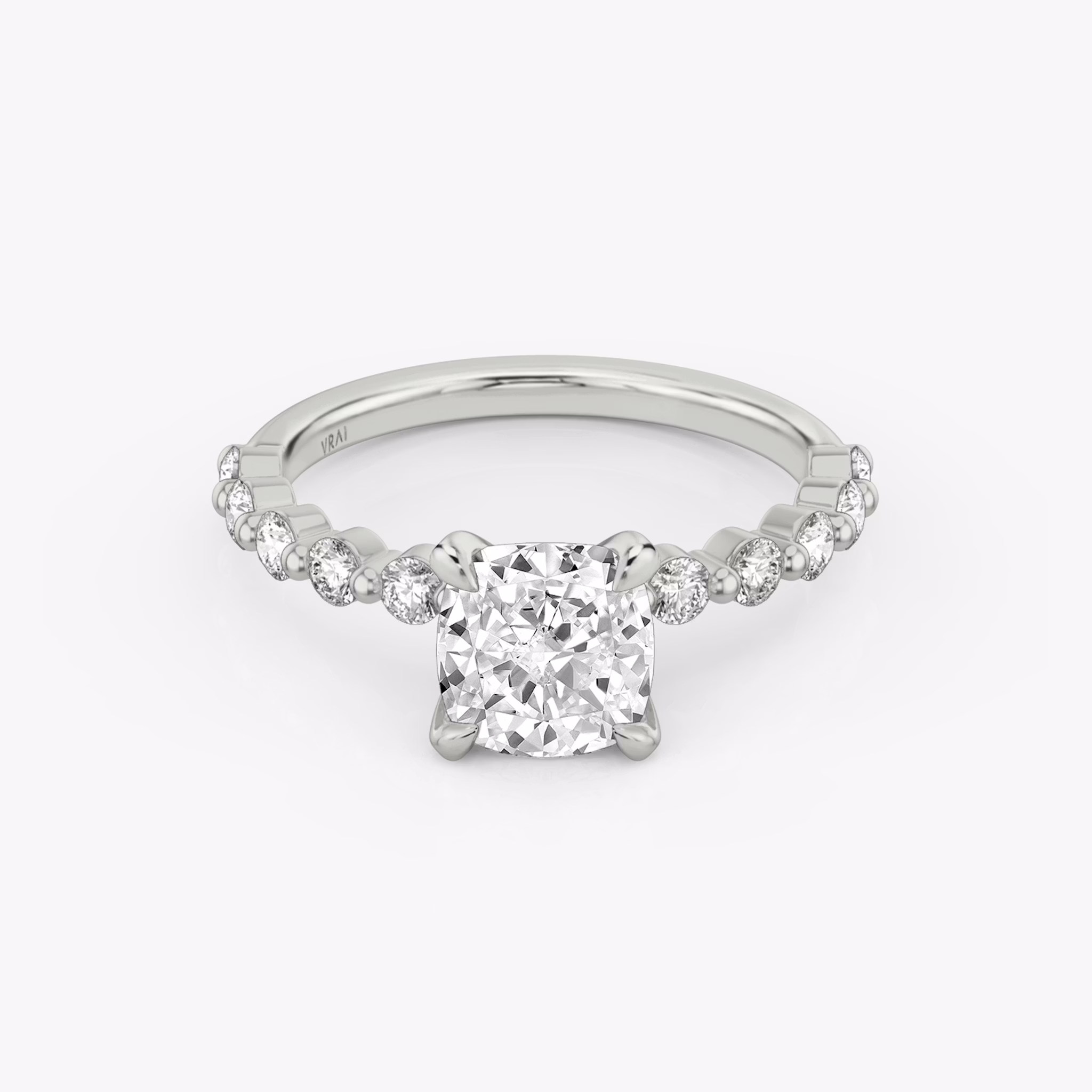 The Single Shared Prong | Cushion | 18k | White Gold | bandAccent: Plain | bandStoneStyle: large | diamondOrientation: vertical | caratWeight: other