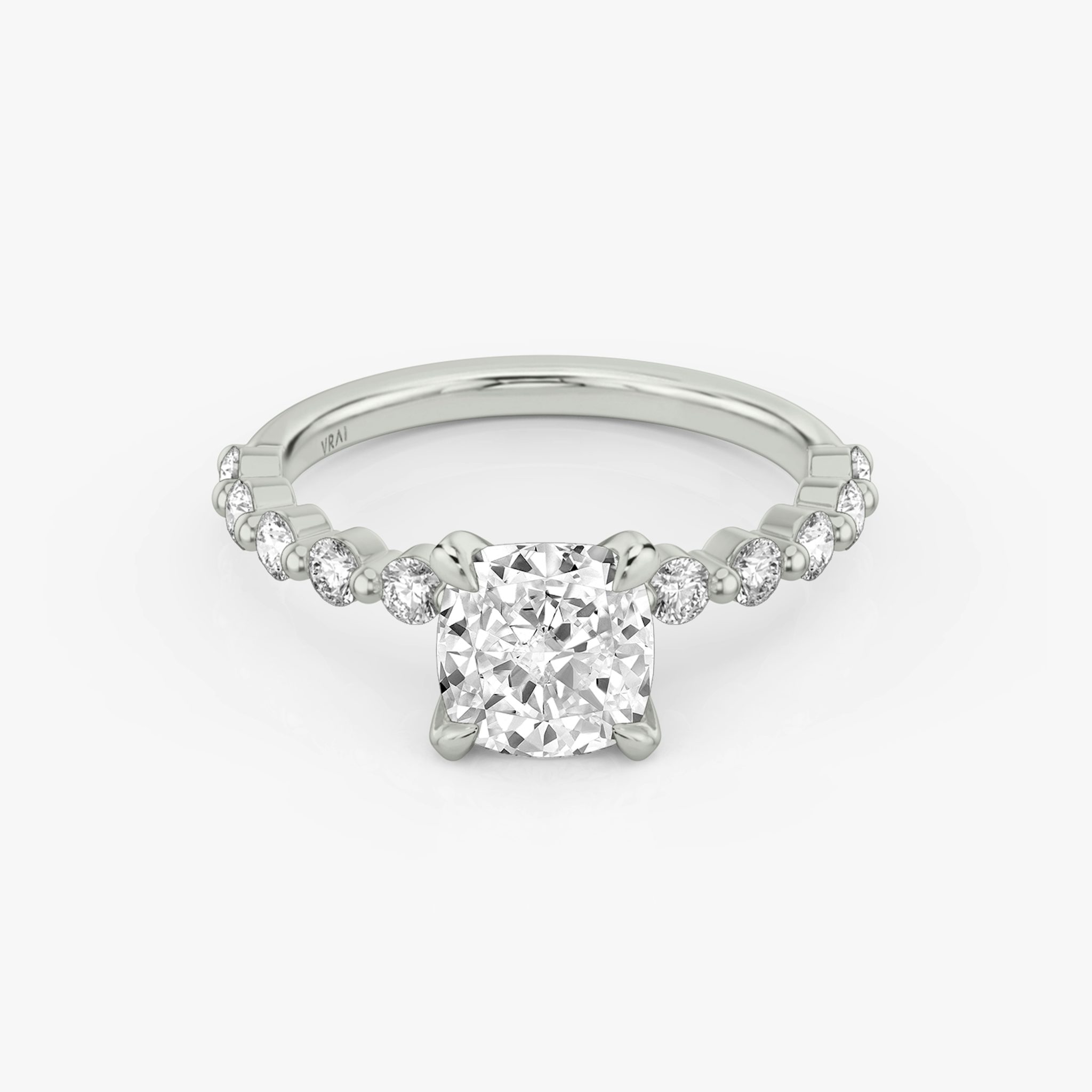 The Single Shared Prong | Cushion | 18k | White Gold | bandAccent: Plain | bandStoneStyle: large | diamondOrientation: vertical | caratWeight: other