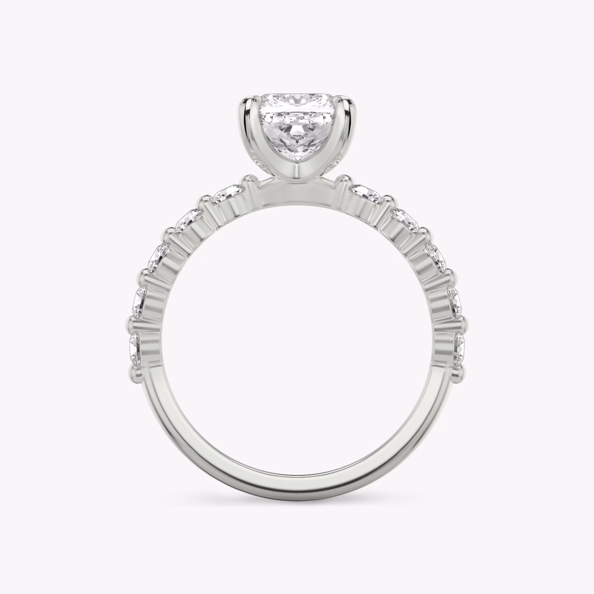The Single Shared Prong | Cushion | 18k | White Gold | bandAccent: Plain | bandStoneStyle: large | diamondOrientation: vertical | caratWeight: other