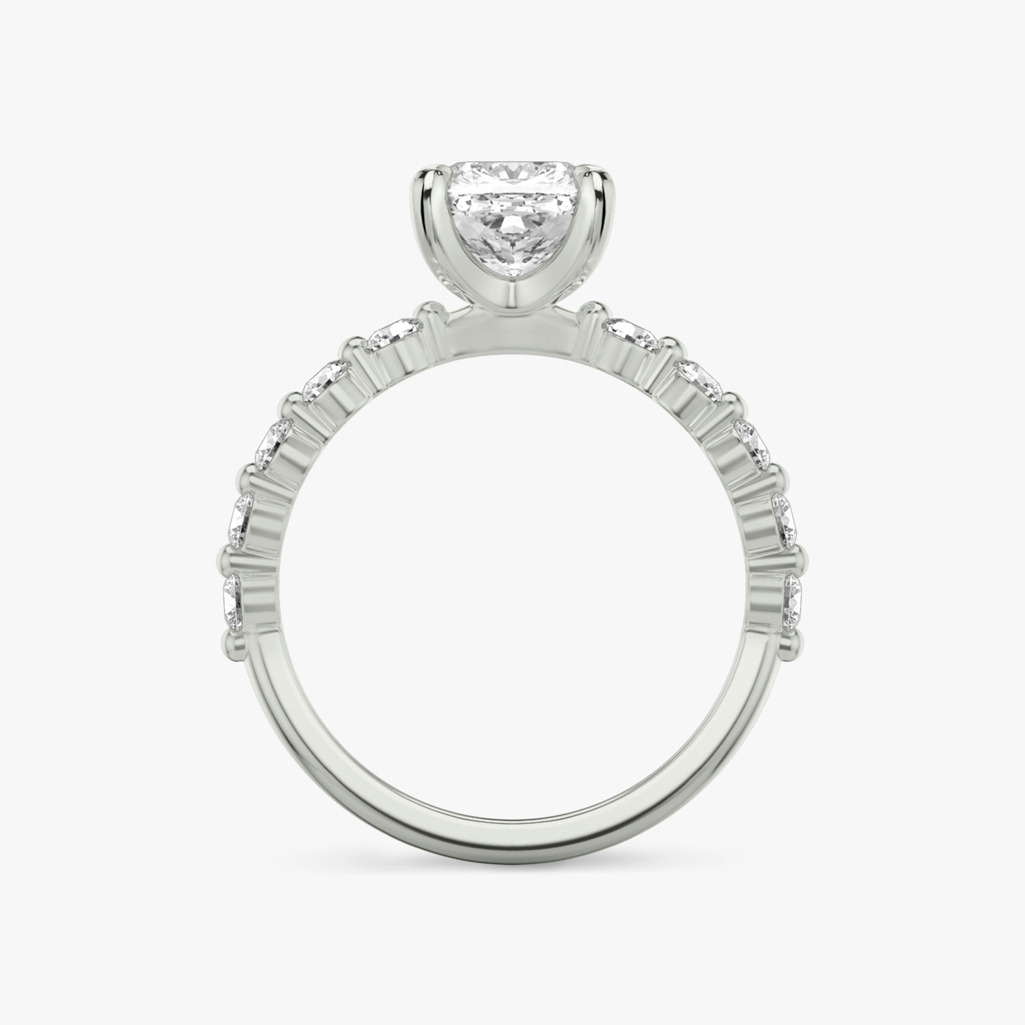 The Single Shared Prong | Cushion | 18k | White Gold | bandAccent: Plain | bandStoneStyle: large | diamondOrientation: vertical | caratWeight: other