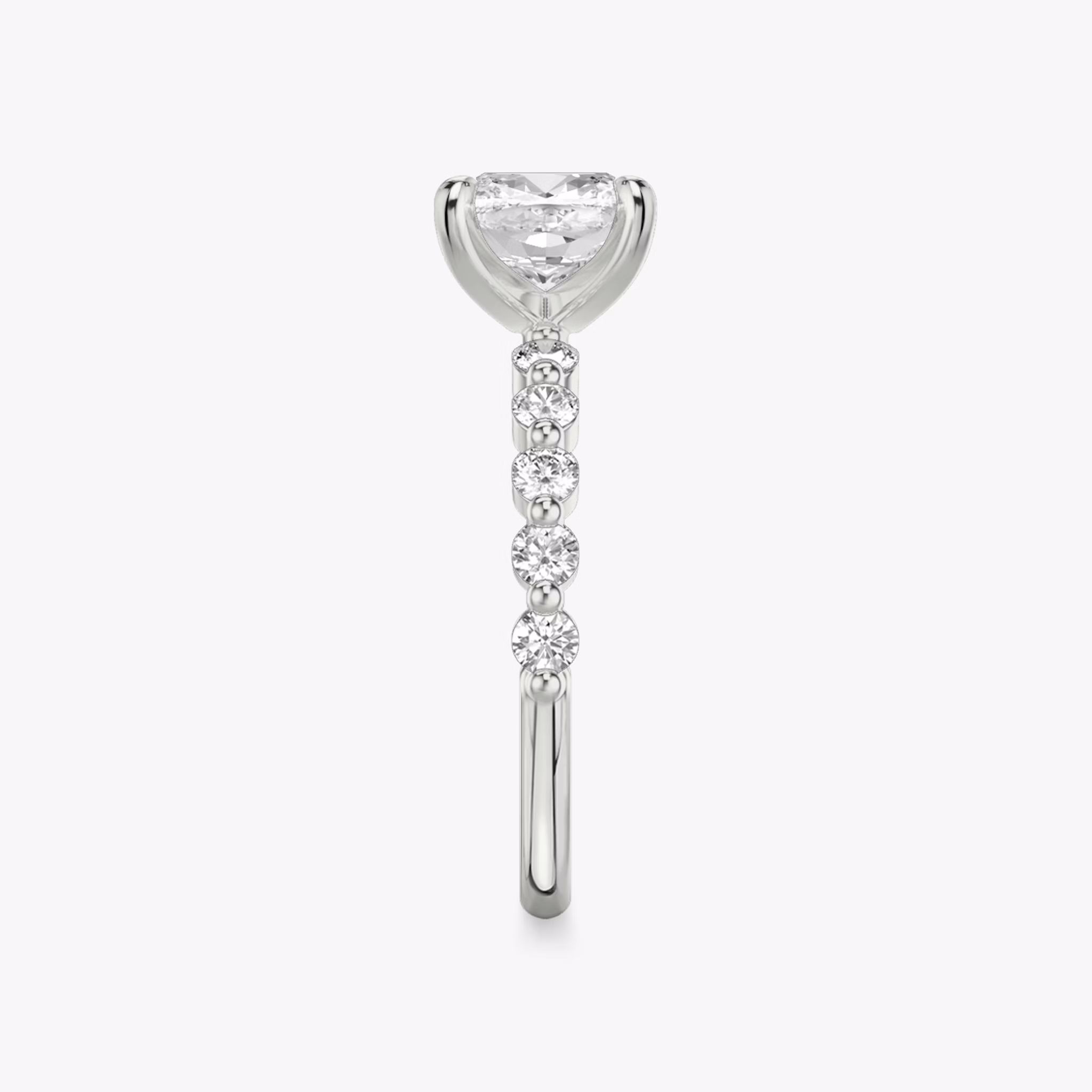 The Single Shared Prong | Cushion | 18k | White Gold | bandAccent: Plain | bandStoneStyle: large | diamondOrientation: vertical | caratWeight: other
