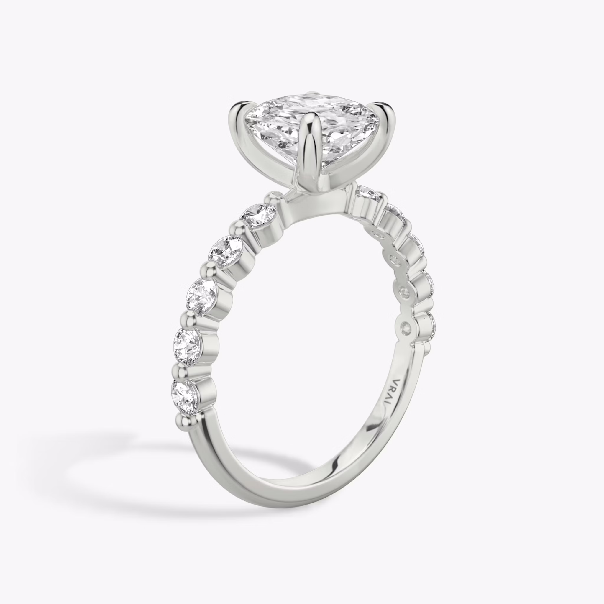 The Single Shared Prong | Cushion | 18k | White Gold | bandAccent: Plain | bandStoneStyle: large | diamondOrientation: vertical | caratWeight: other