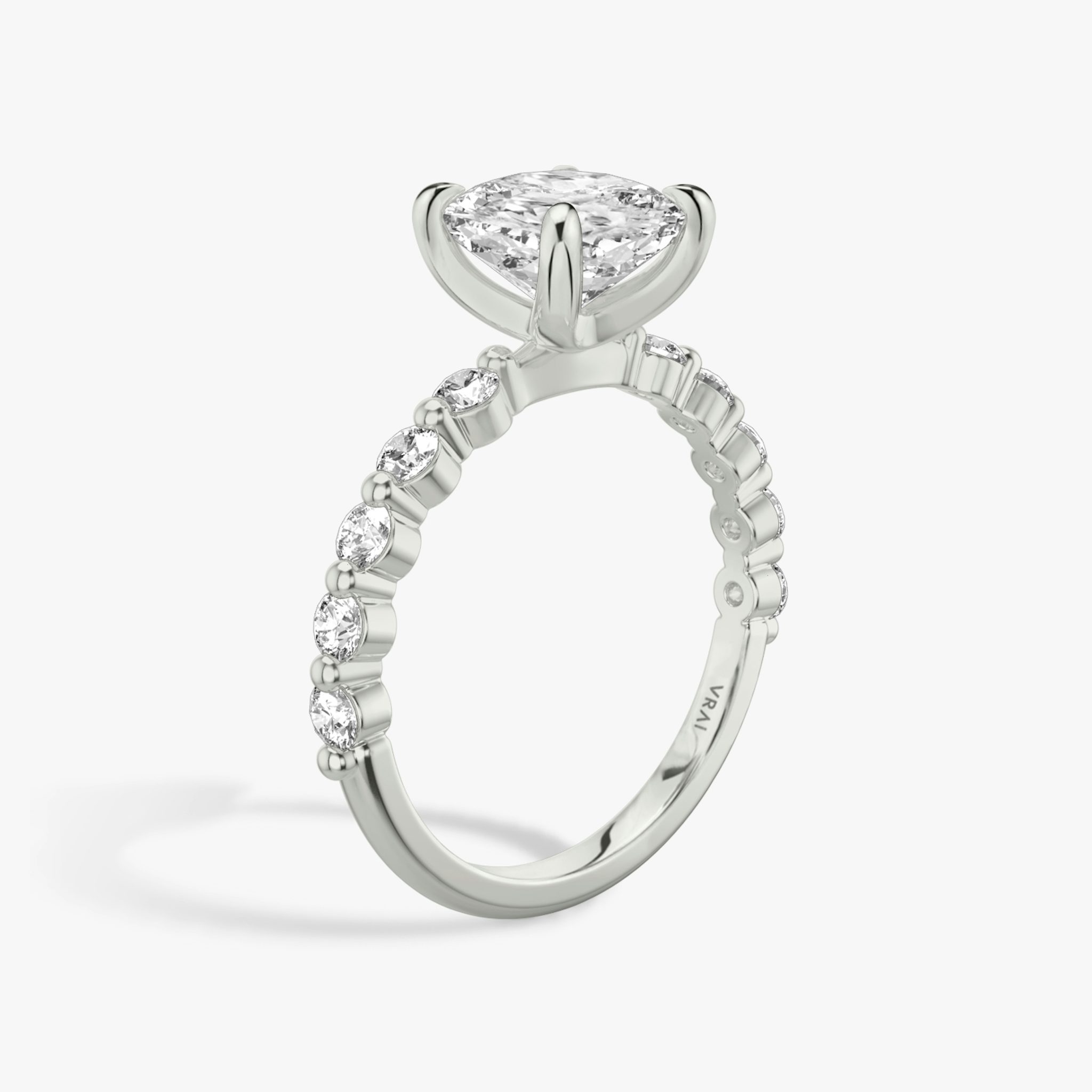 The Single Shared Prong | Cushion | 18k | White Gold | bandAccent: Plain | bandStoneStyle: large | diamondOrientation: vertical | caratWeight: other