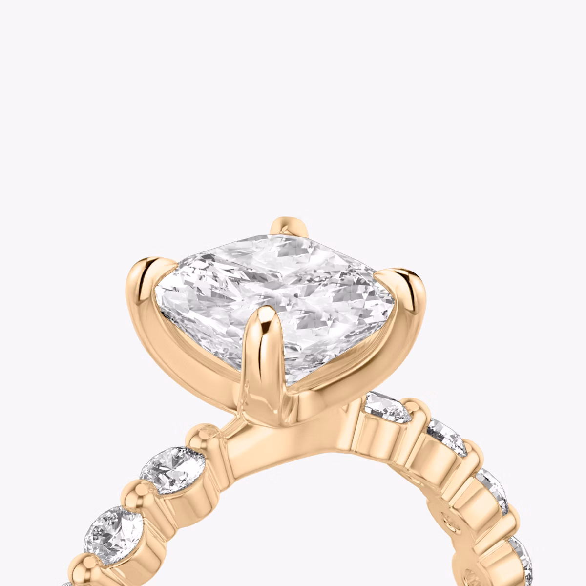 The Single Shared Prong | Cushion | 14k | Rose Gold | bandAccent: Plain | bandStoneStyle: large | diamondOrientation: vertical | caratWeight: other