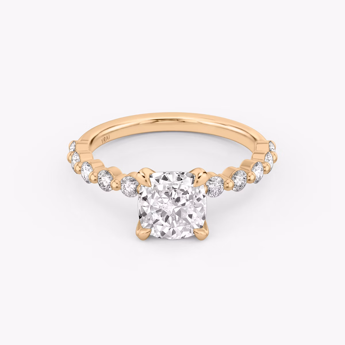The Single Shared Prong | Cushion | 14k | Rose Gold | bandAccent: Plain | bandStoneStyle: large | diamondOrientation: vertical | caratWeight: other
