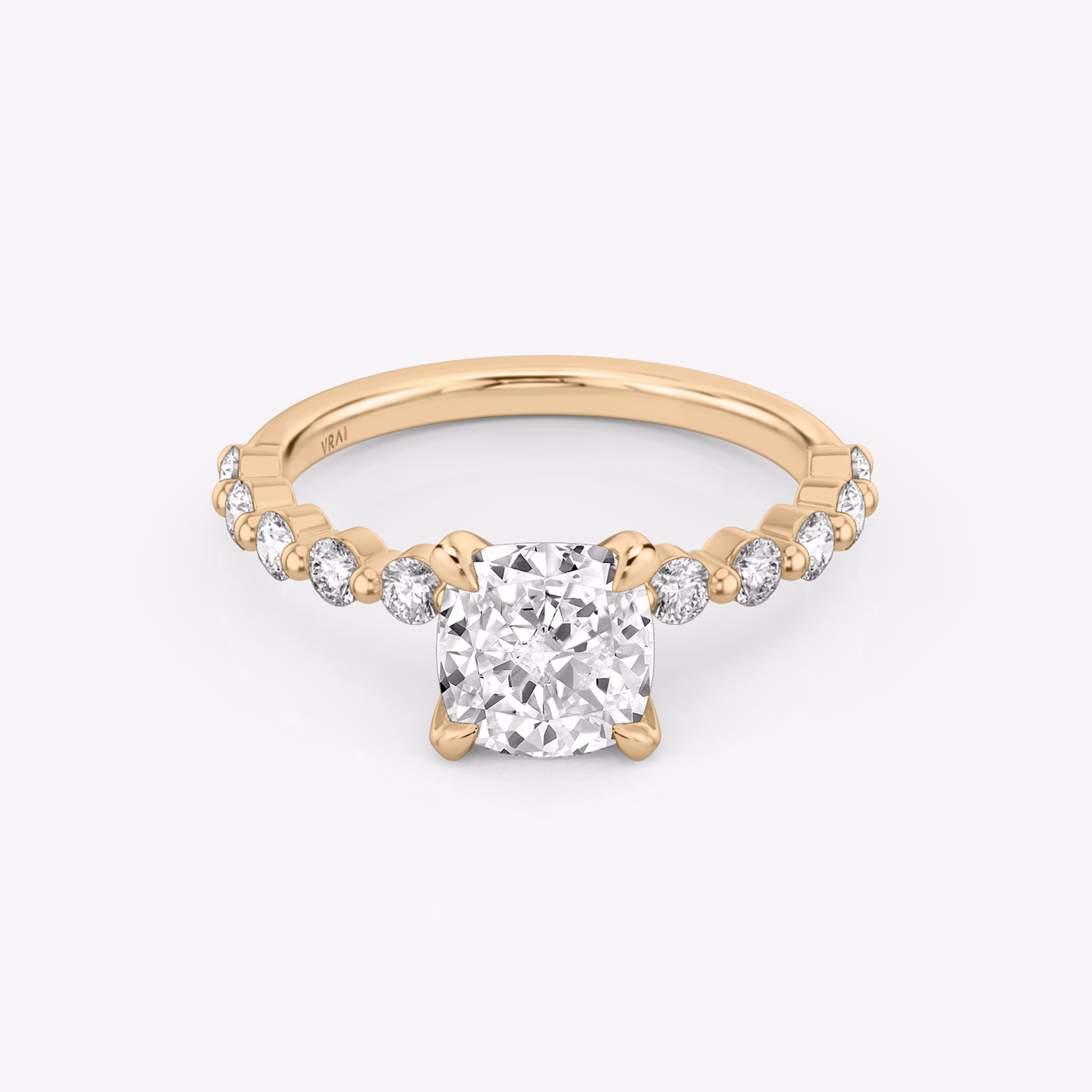 The Single Shared Prong | Cushion | 14k | Rose Gold | bandAccent: Plain | bandStoneStyle: large | diamondOrientation: vertical | caratWeight: other