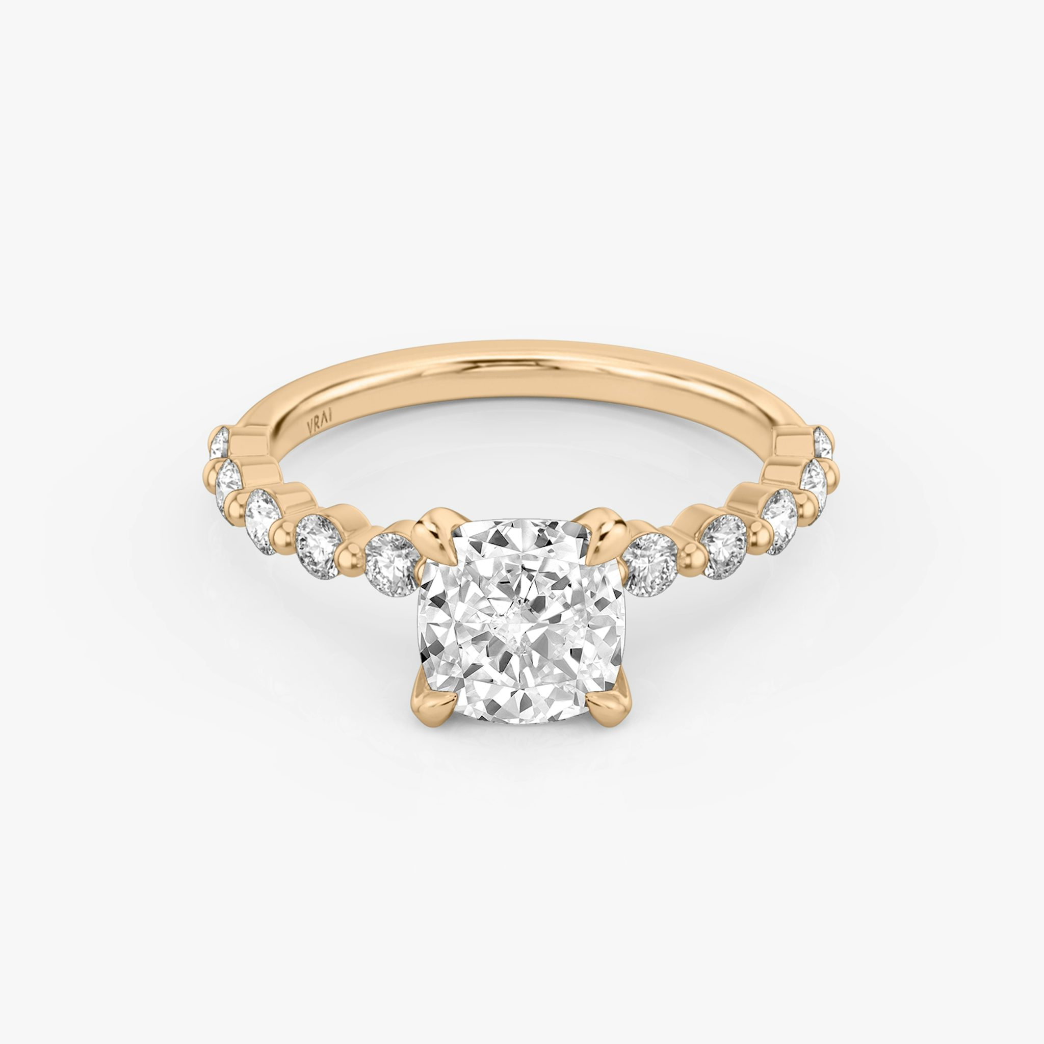 The Single Shared Prong | Cushion | 14k | Rose Gold | bandAccent: Plain | bandStoneStyle: large | diamondOrientation: vertical | caratWeight: other