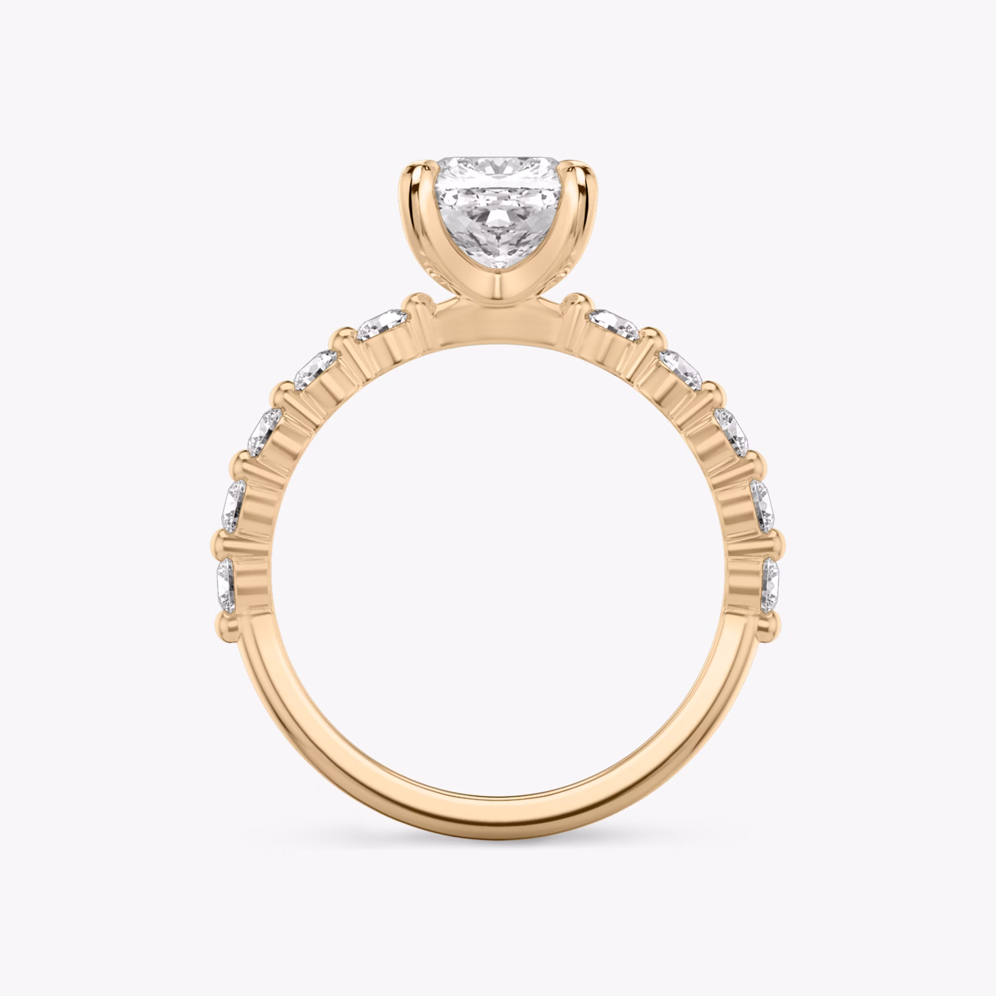 The Single Shared Prong | Cushion | 14k | Rose Gold | bandAccent: Plain | bandStoneStyle: large | diamondOrientation: vertical | caratWeight: other