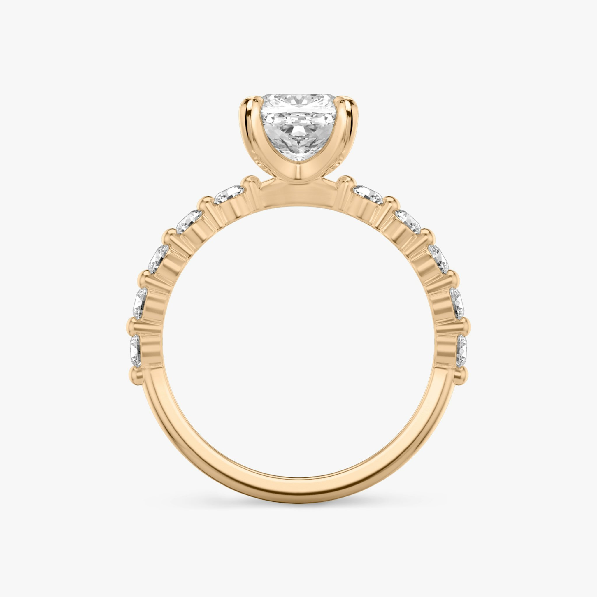 The Single Shared Prong | Cushion | 14k | Rose Gold | bandAccent: Plain | bandStoneStyle: large | diamondOrientation: vertical | caratWeight: other