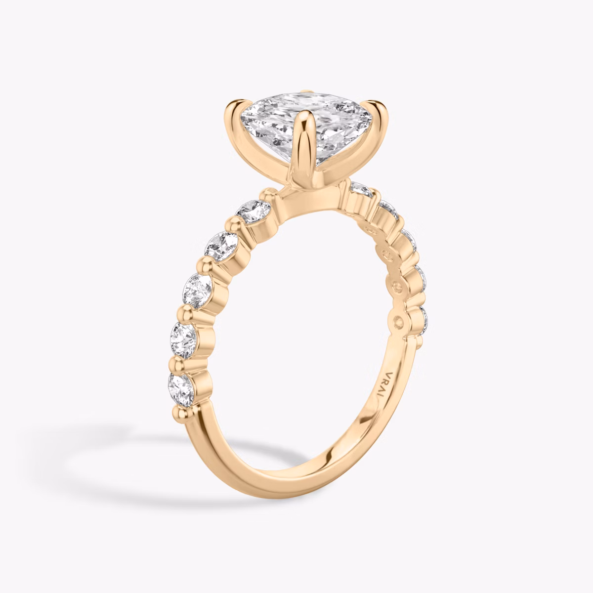 The Single Shared Prong | Cushion | 14k | Rose Gold | bandAccent: Plain | bandStoneStyle: large | diamondOrientation: vertical | caratWeight: other