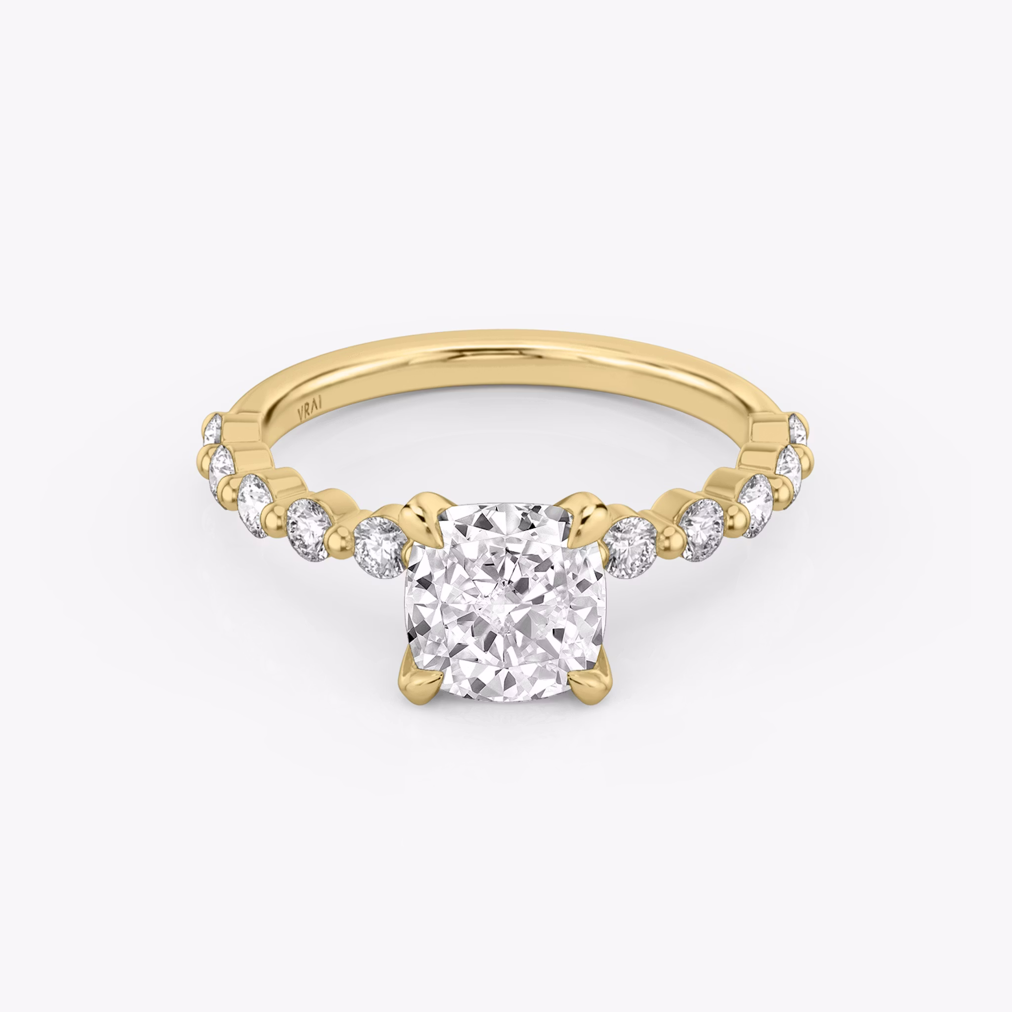 The Single Shared Prong | Cushion | 18k | Yellow Gold | bandAccent: Plain | bandStoneStyle: large | diamondOrientation: vertical | caratWeight: other