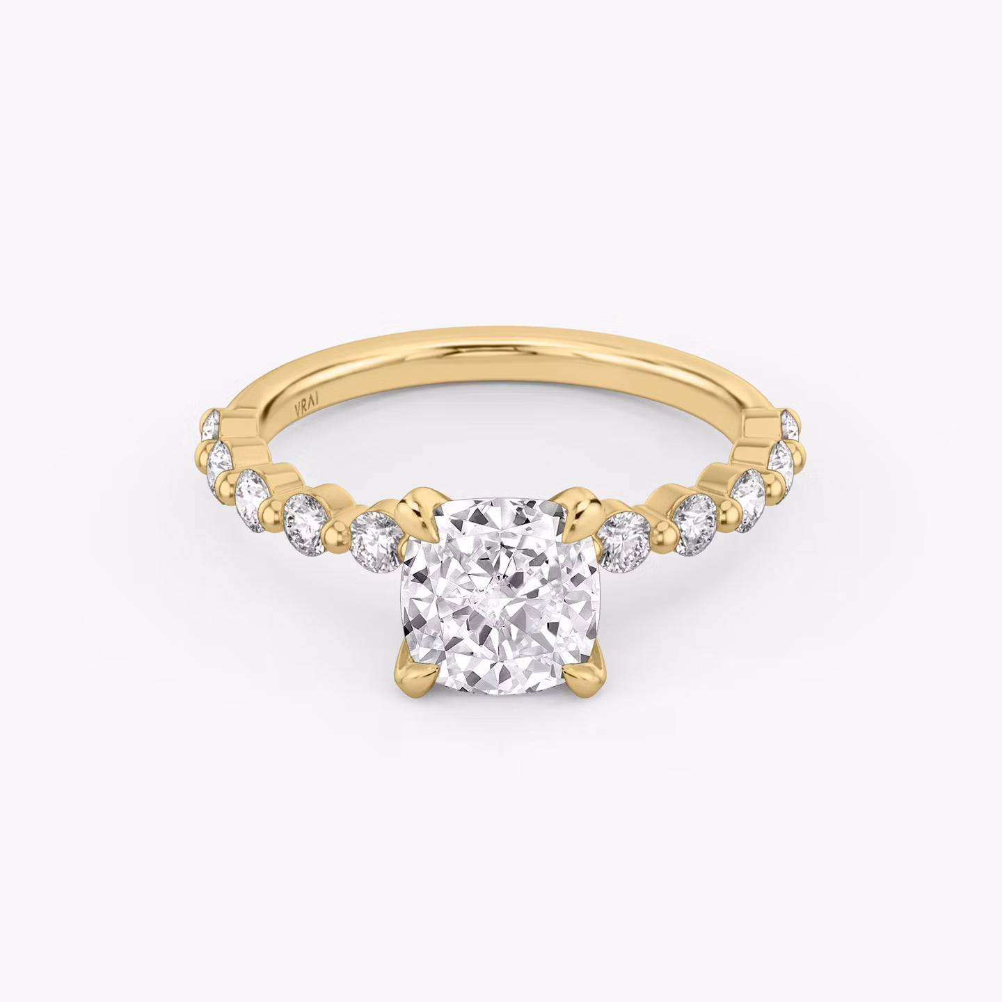 The Single Shared Prong | Cushion | 18k | Yellow Gold | bandAccent: Plain | bandStoneStyle: large | diamondOrientation: vertical | caratWeight: other