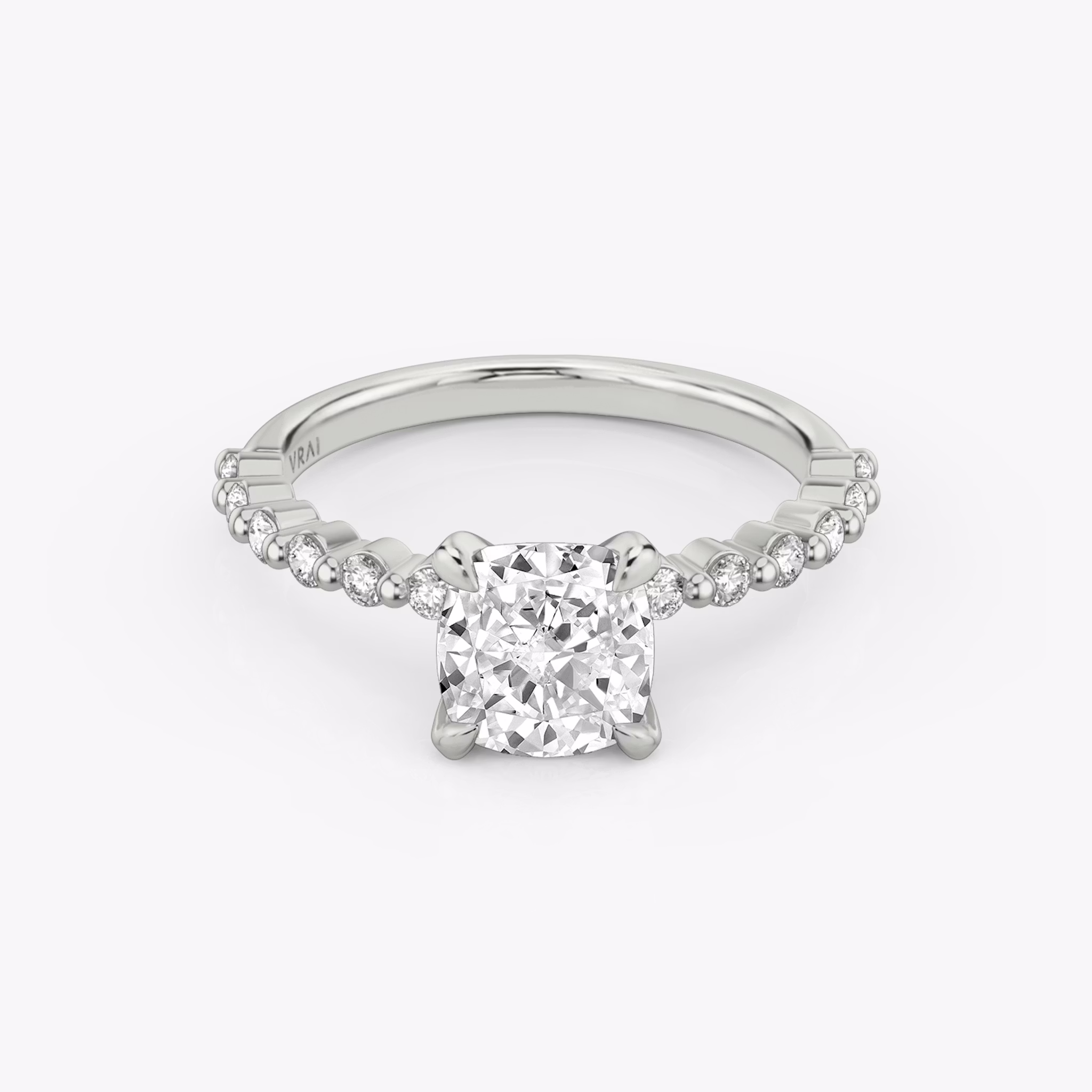 The Single Shared Prong | Cushion | 18k | White Gold | bandAccent: Plain | bandStoneStyle: original | diamondOrientation: vertical | caratWeight: other