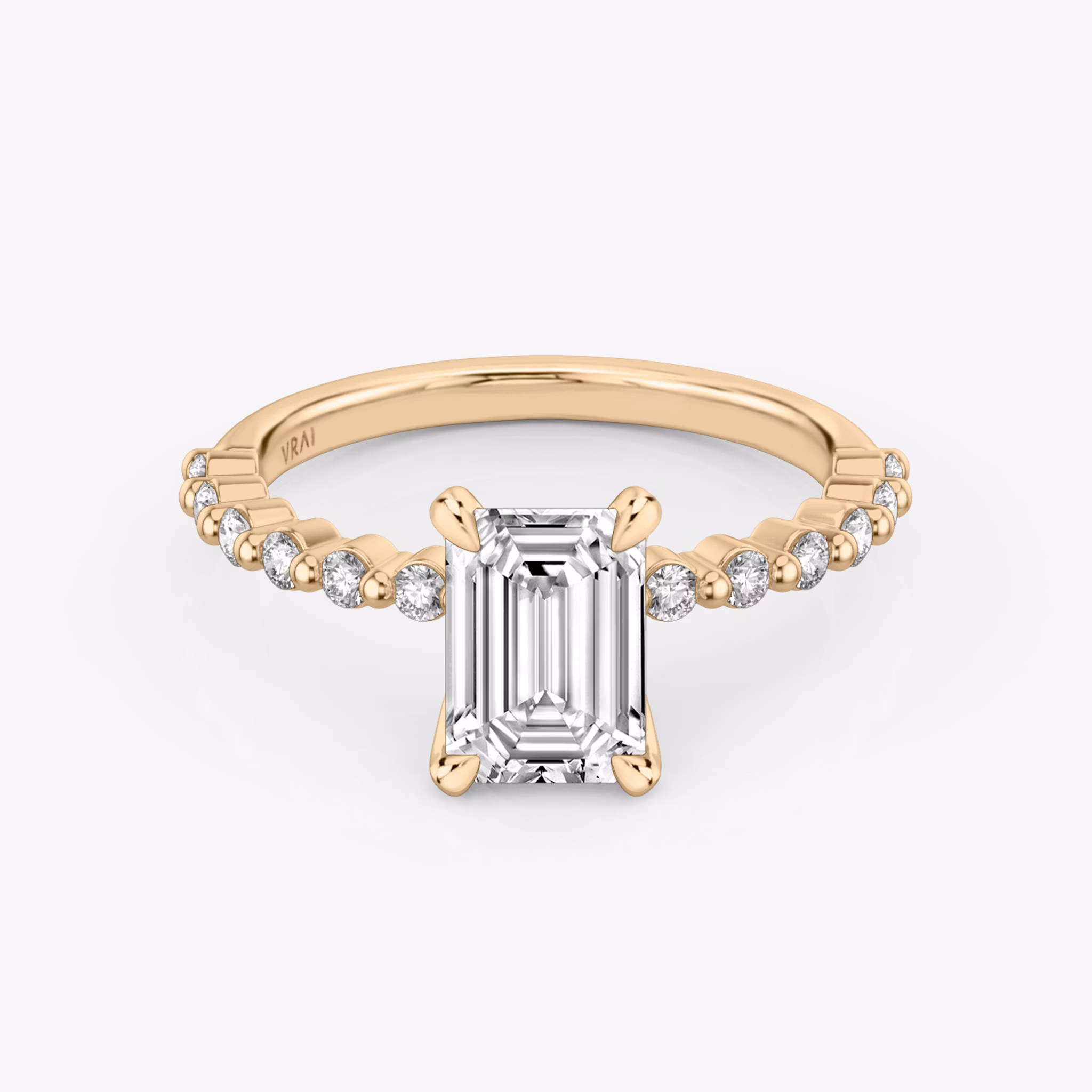 The Single Shared Prong | Emerald | 14k | Rose Gold | bandAccent: Plain | bandStoneStyle: original | diamondOrientation: vertical | caratWeight: other