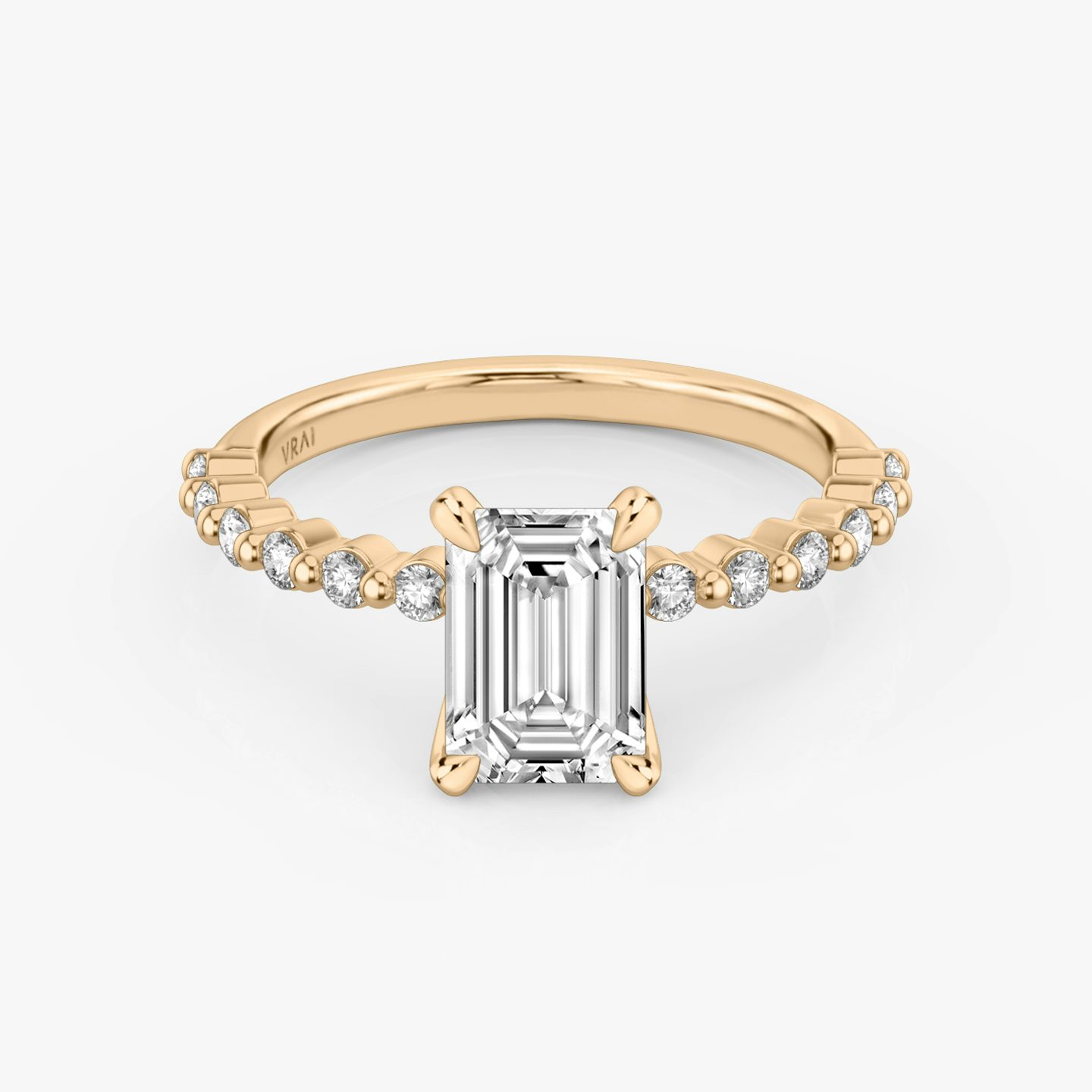 Single Shared Prong | Emerald | 14k | Roségold | bandAccent: Ohne Pavé-Besatz | bandStoneStyle: original | diamondOrientation: vertical | caratWeight: other