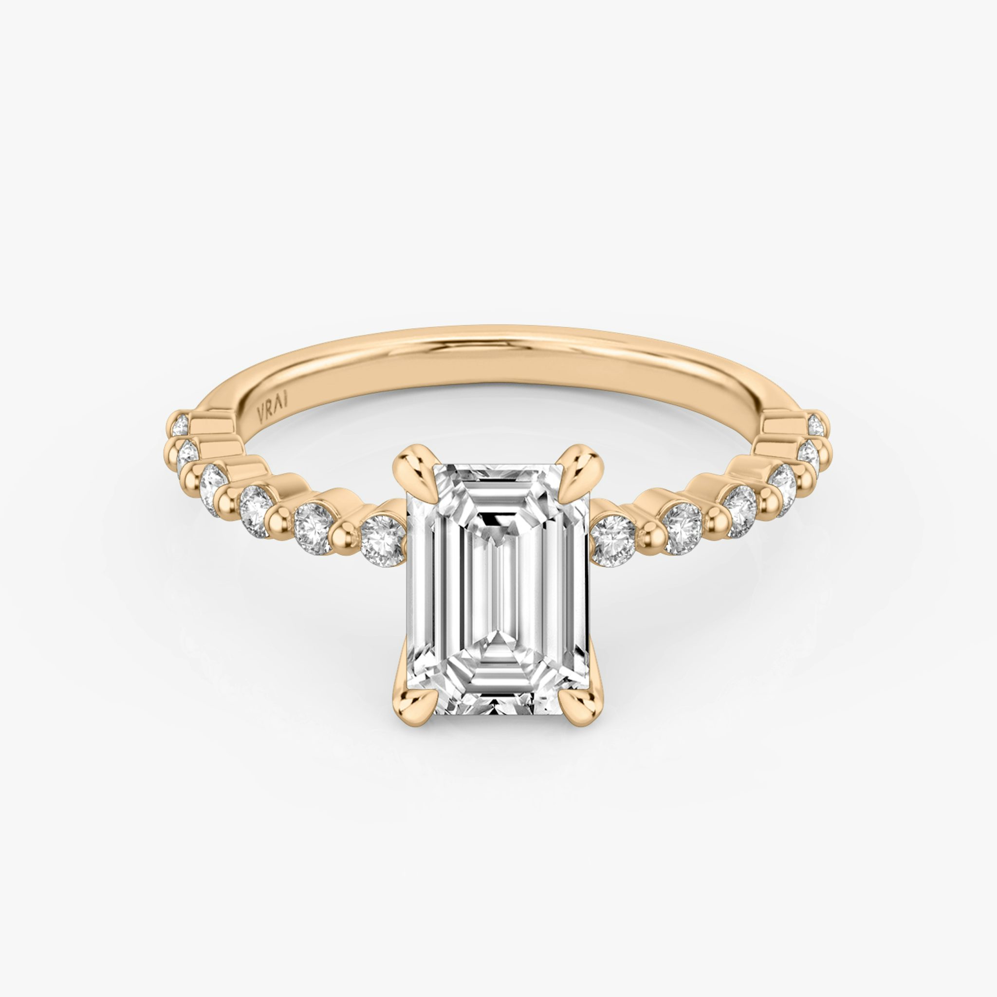 The Single Shared Prong | Emerald | 14k | Rose Gold | bandAccent: Plain | bandStoneStyle: original | diamondOrientation: vertical | caratWeight: other
