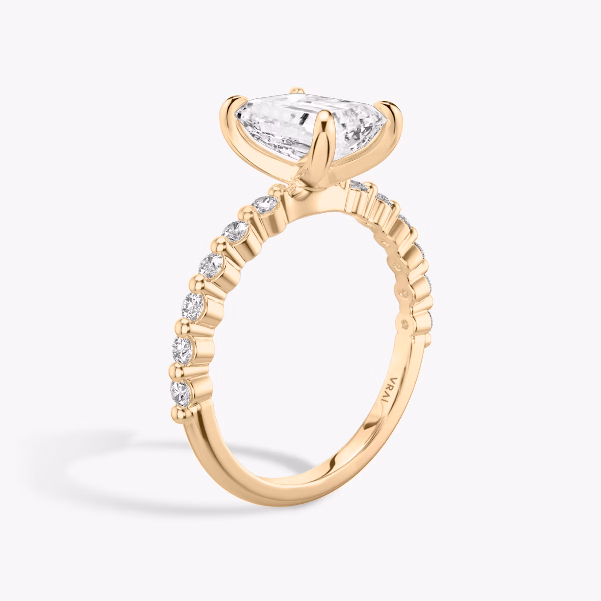 The Single Shared Prong | Emerald | 14k | Rose Gold | bandAccent: Plain | bandStoneStyle: original | diamondOrientation: vertical | caratWeight: other