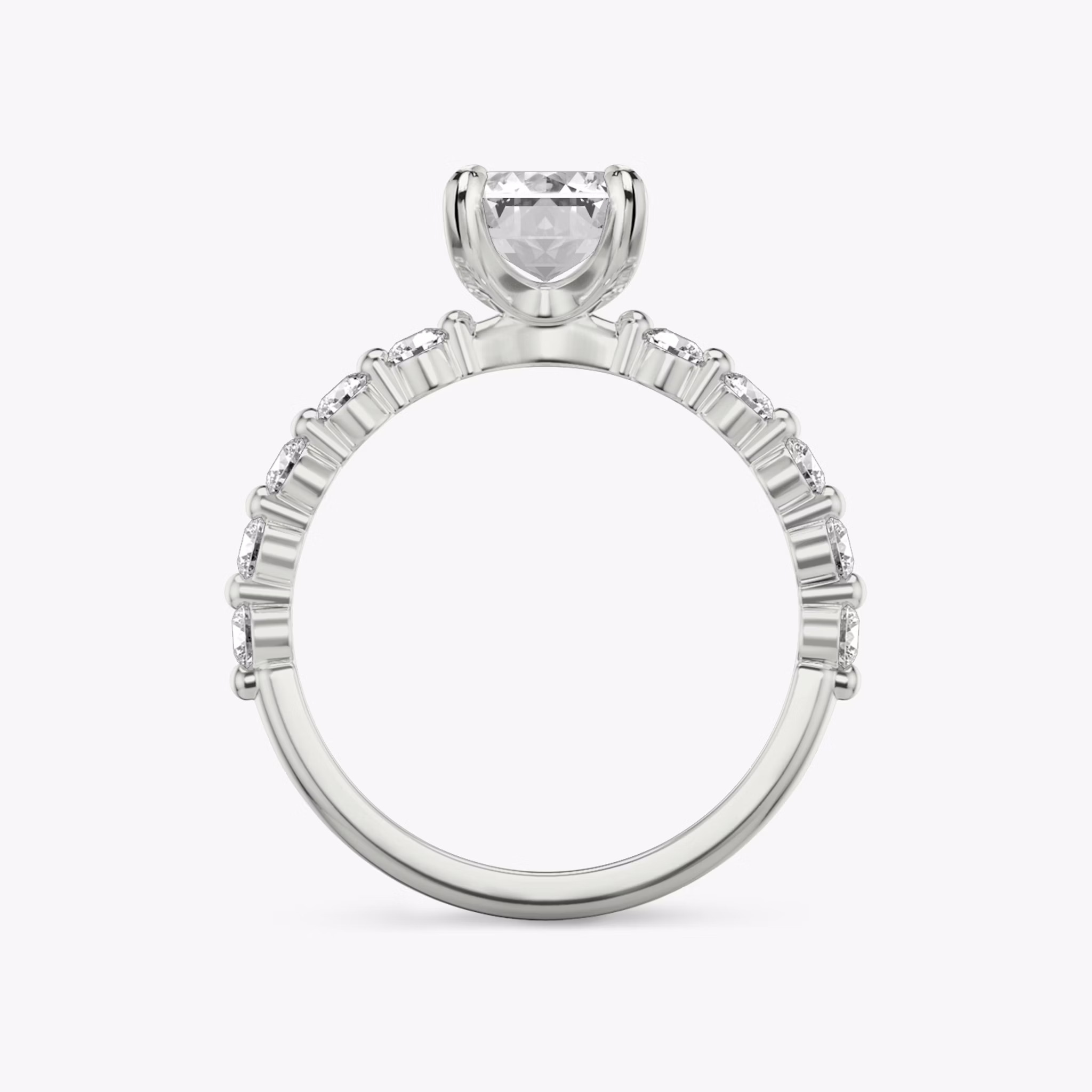 The Single Shared Prong | Emerald | 18k | White Gold | bandAccent: Plain | bandStoneStyle: large | diamondOrientation: vertical | caratWeight: other