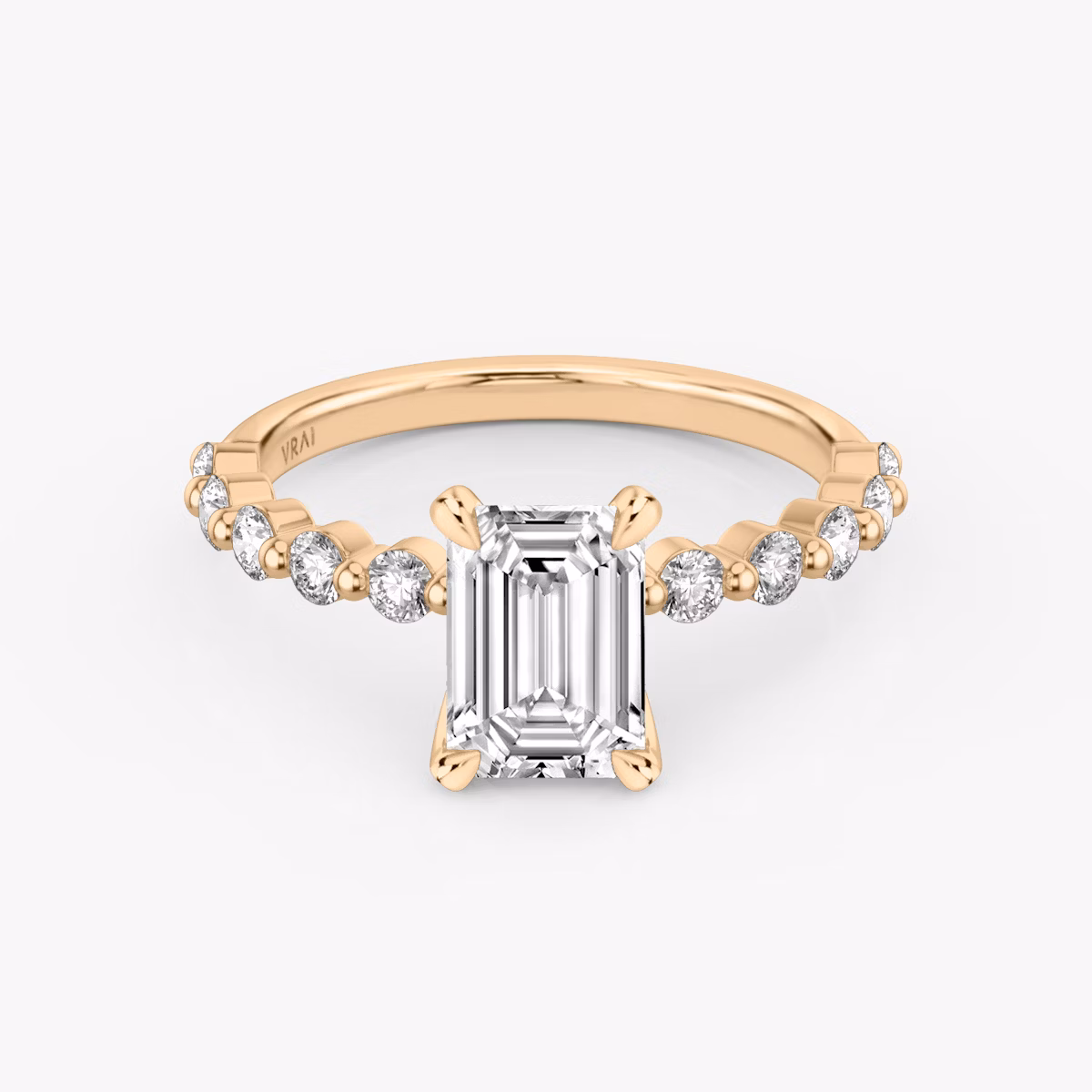 The Single Shared Prong | Emerald | 14k | Rose Gold | bandAccent: Plain | bandStoneStyle: large | diamondOrientation: vertical | caratWeight: other
