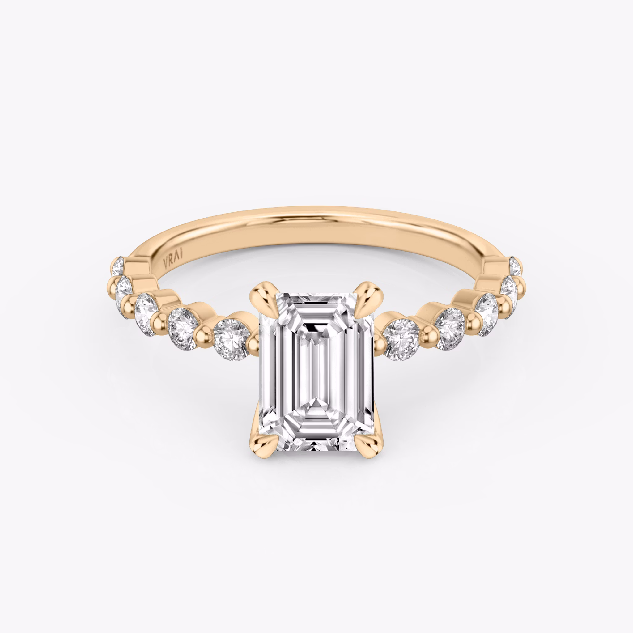 The Single Shared Prong | Emerald | 14k | Rose Gold | bandAccent: Plain | bandStoneStyle: large | diamondOrientation: vertical | caratWeight: other