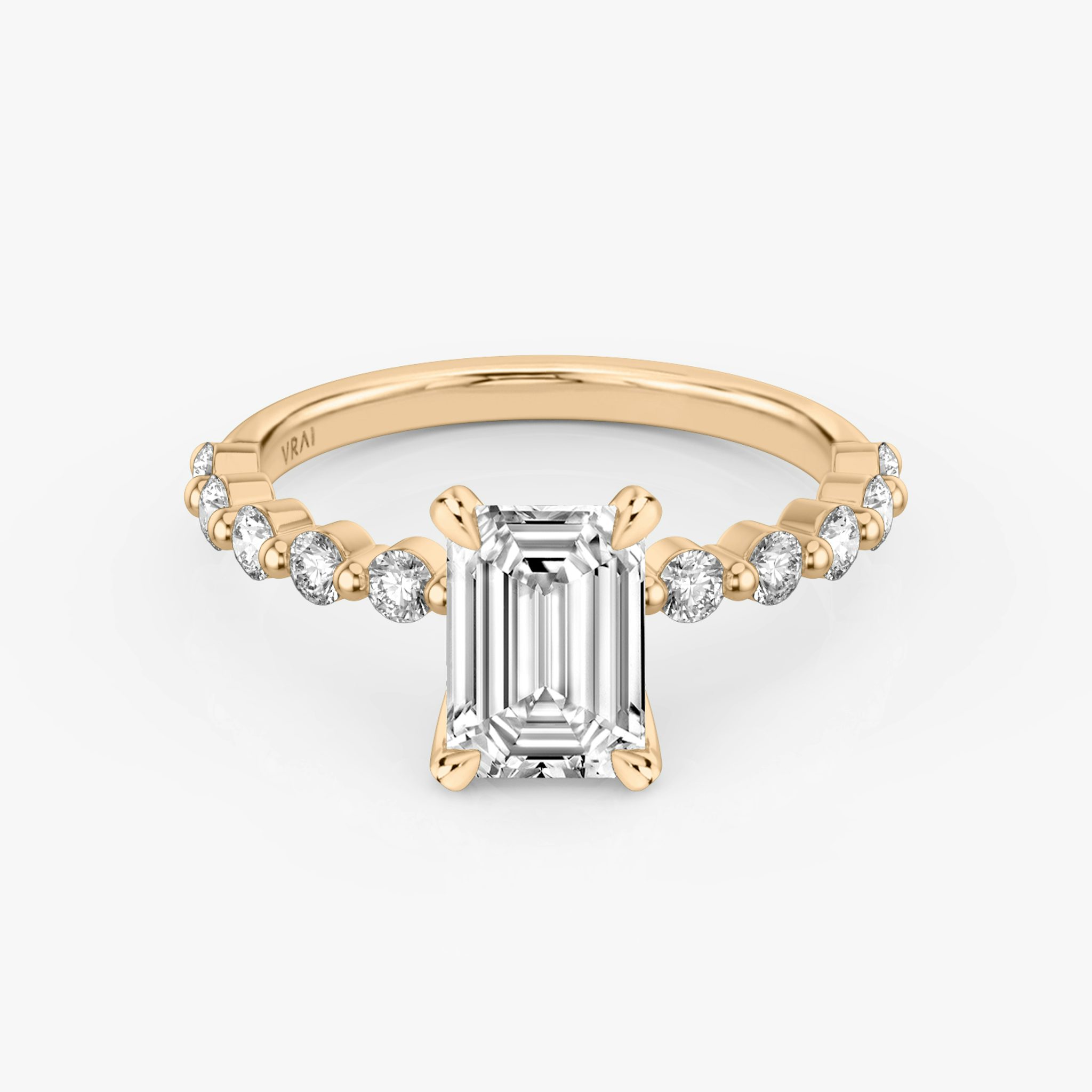 The Single Shared Prong | Emerald | 14k | Rose Gold | bandAccent: Plain | bandStoneStyle: large | diamondOrientation: vertical | caratWeight: other