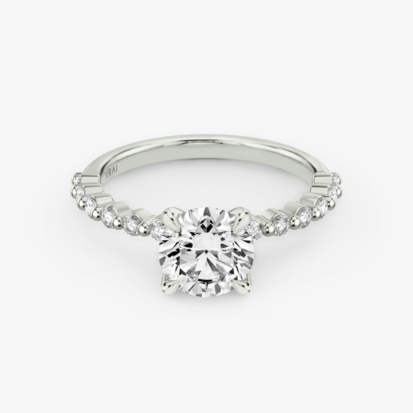 The Single Shared Prong | Round Brilliant | 18k | White Gold | bandAccent: Plain | bandStoneStyle: original | caratWeight: 1.0ct | diamondOrientation: vertical