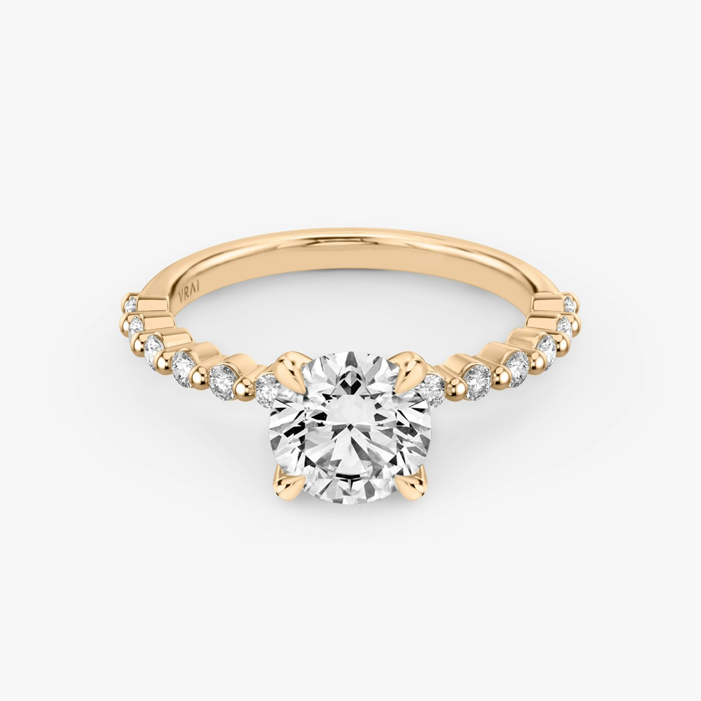 The Single Shared Prong | Round Brilliant | 14k | Rose Gold | bandAccent: Plain | bandStoneStyle: original | caratWeight: 1.0ct | diamondOrientation: vertical