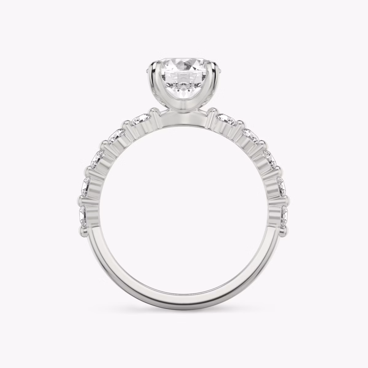 The Single Shared Prong | Round Brilliant | Platinum | bandAccent: Plain | bandStoneStyle: large | caratWeight: other | diamondOrientation: vertical