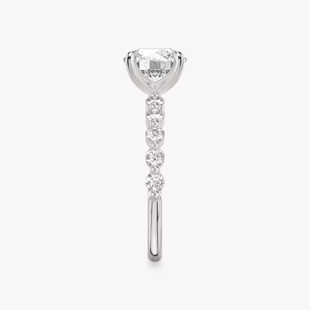 The Single Shared Prong | Round Brilliant | Platinum | bandAccent: Plain | bandStoneStyle: large | caratWeight: other | diamondOrientation: vertical