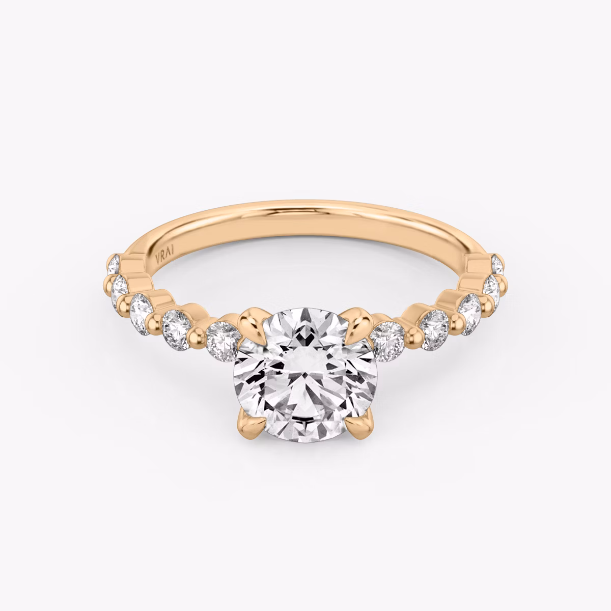 The Single Shared Prong | Round Brilliant | 14k | Rose Gold | bandAccent: Plain | bandStoneStyle: large | caratWeight: other | diamondOrientation: vertical