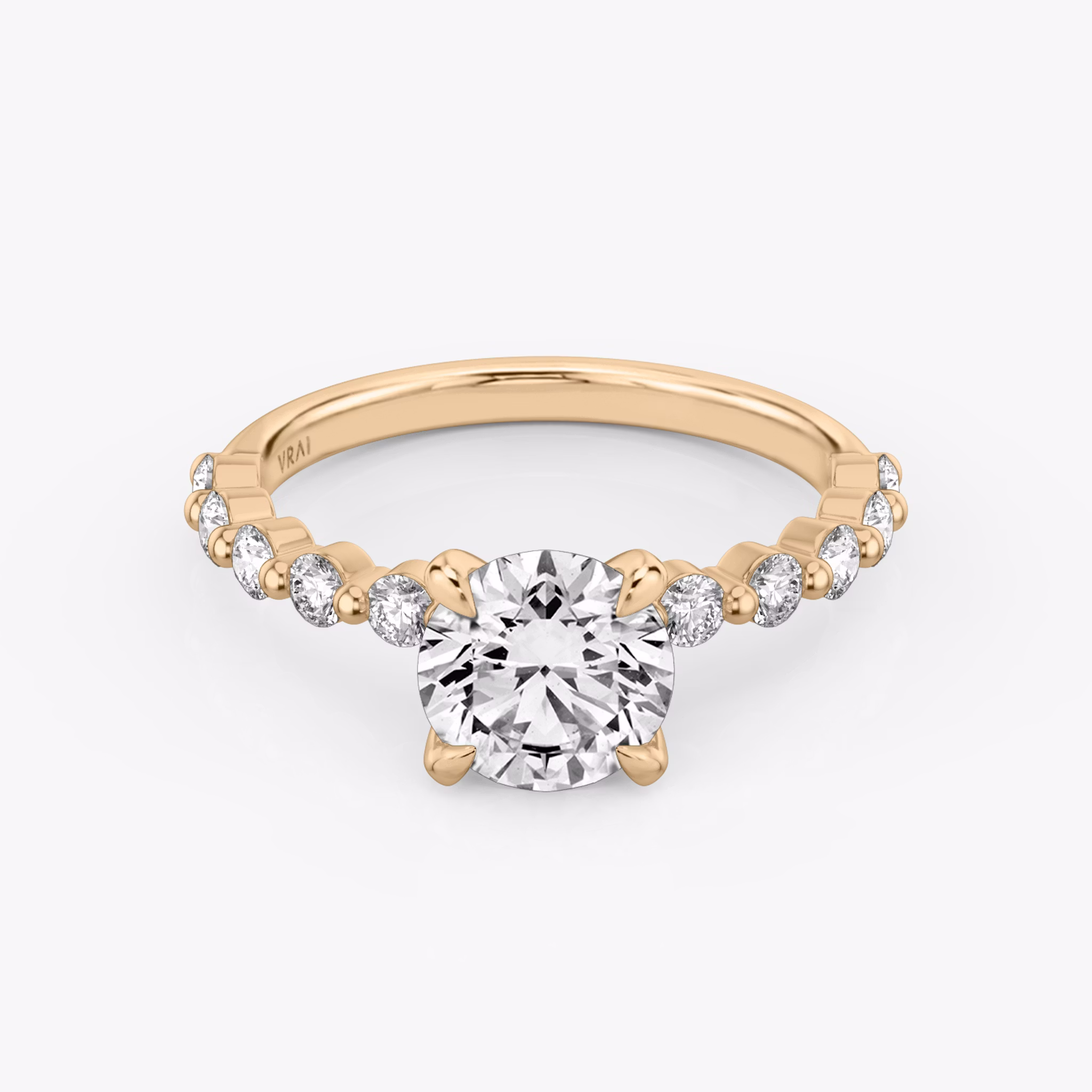The Single Shared Prong | Round Brilliant | 14k | Rose Gold | bandAccent: Plain | bandStoneStyle: large | caratWeight: other | diamondOrientation: vertical