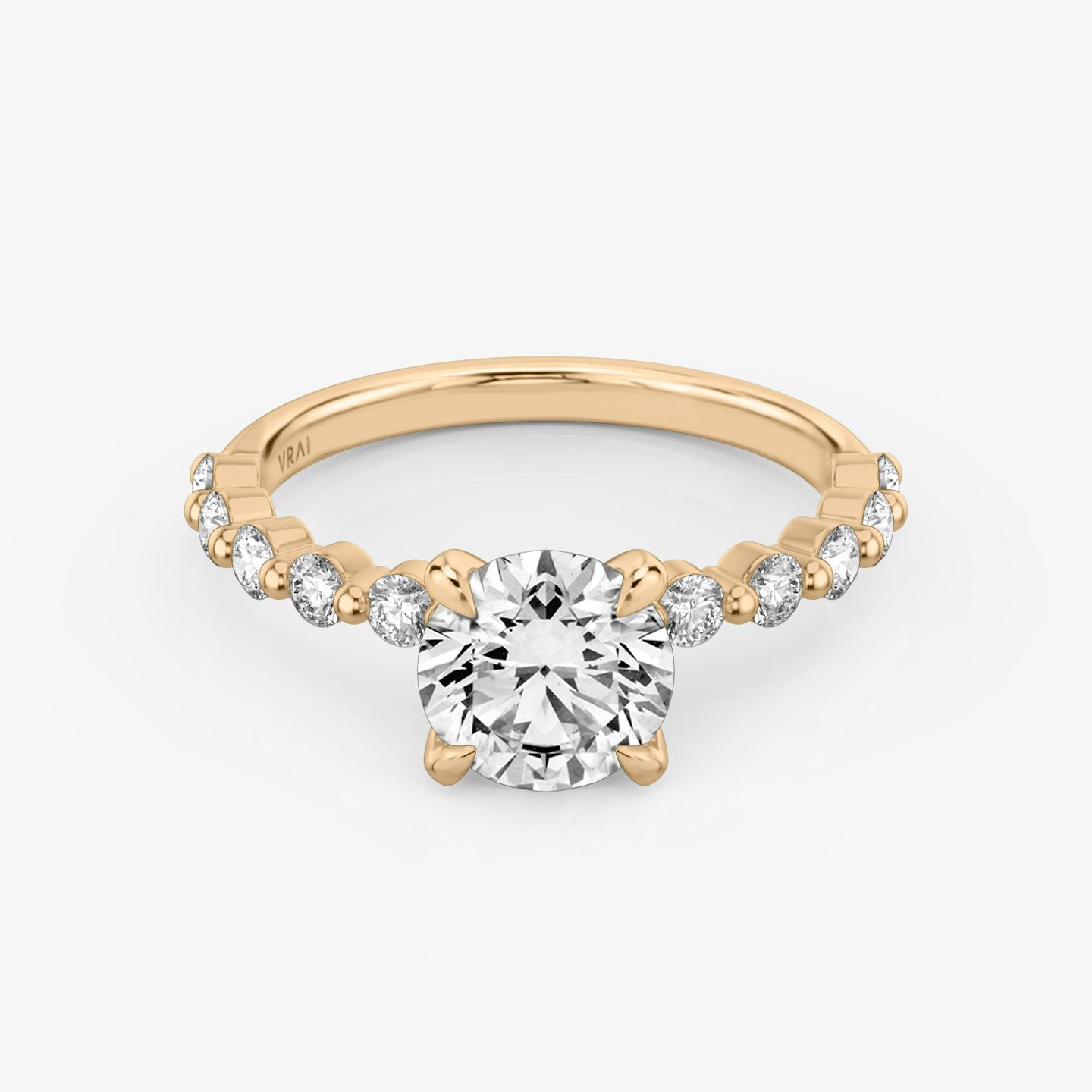 The Single Shared Prong | Round Brilliant | 14k | Rose Gold | bandAccent: Plain | bandStoneStyle: large | caratWeight: 1.0ct | diamondOrientation: vertical