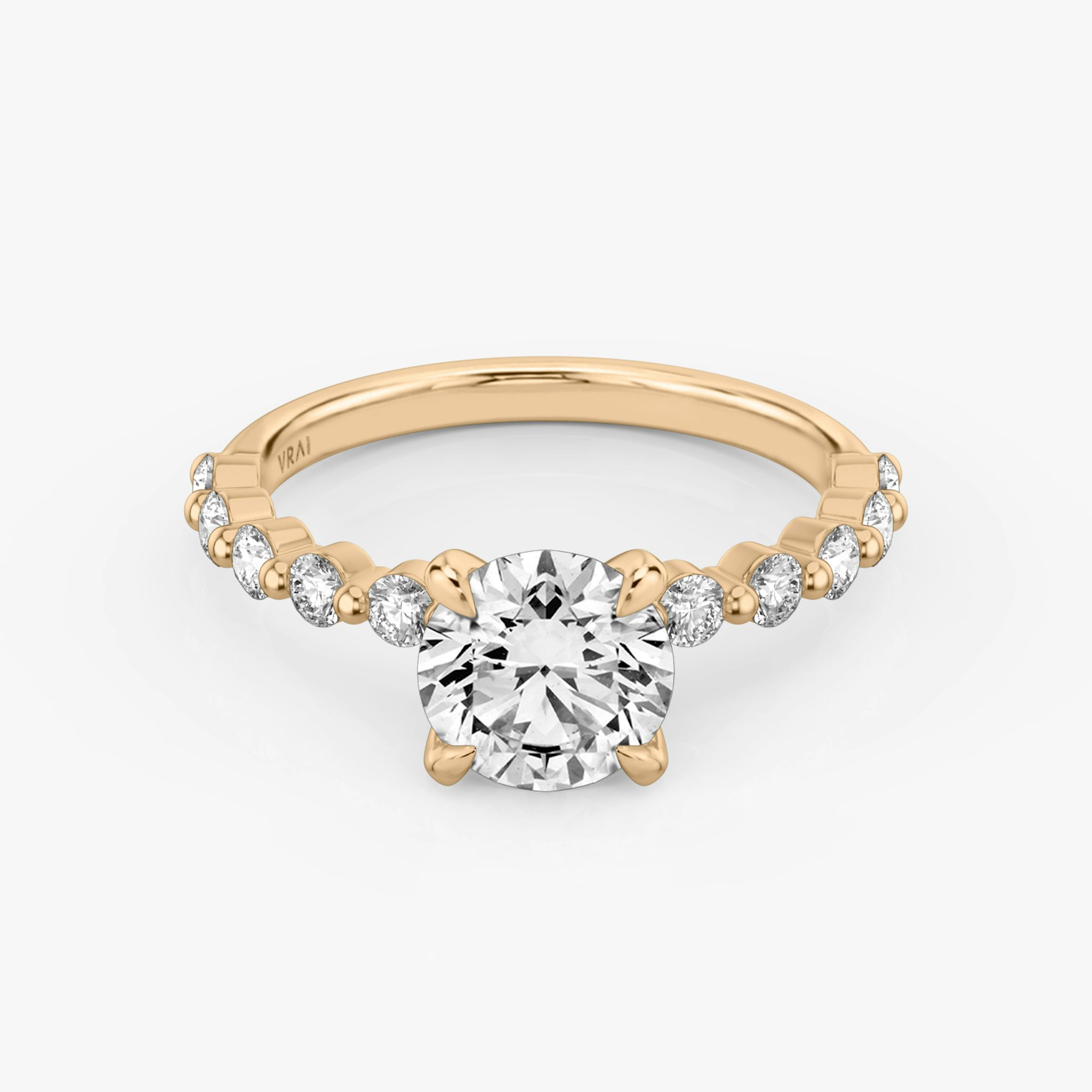 The Single Shared Prong | Round Brilliant | 14k | Rose Gold | bandAccent: Plain | bandStoneStyle: large | caratWeight: other | diamondOrientation: vertical