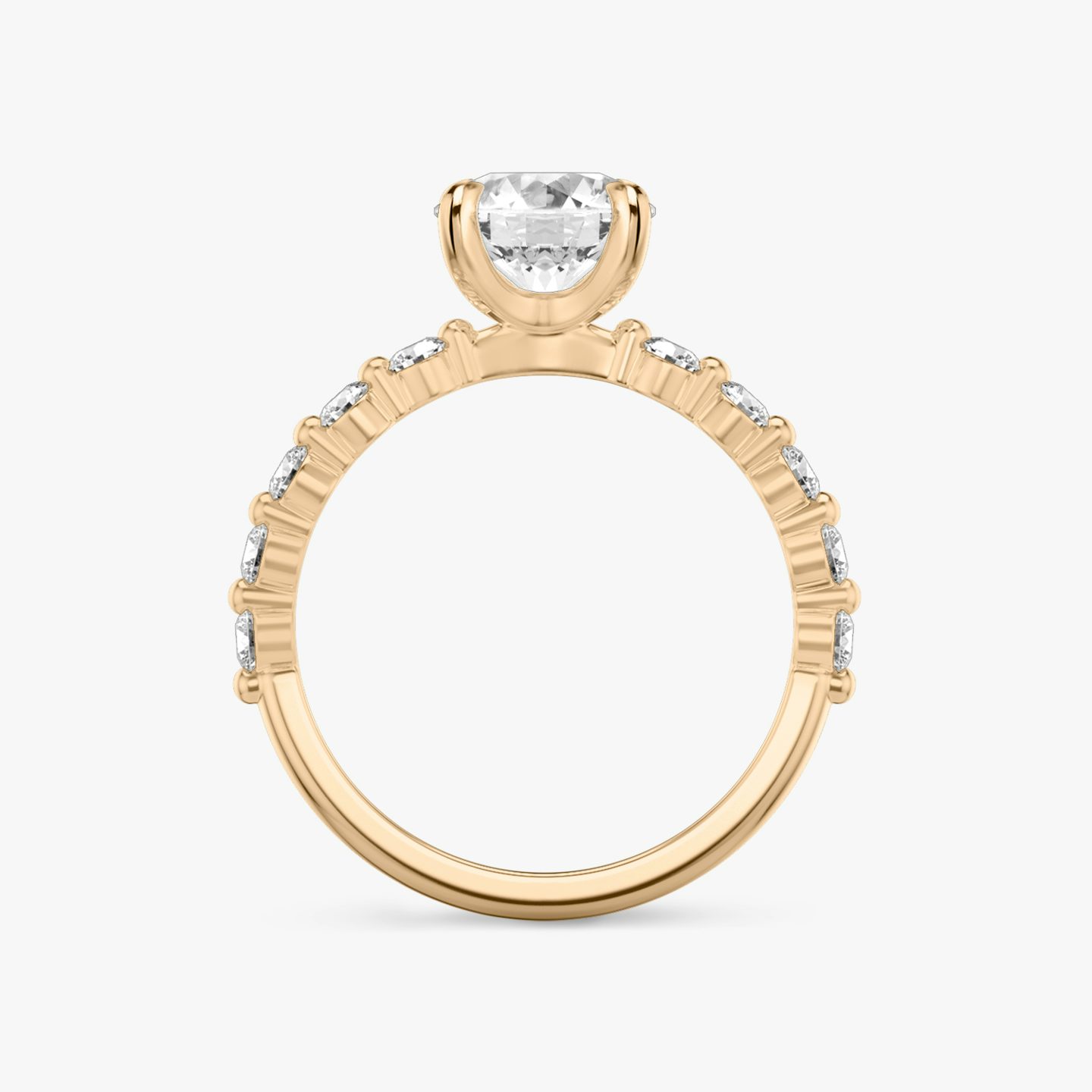The Single Shared Prong | Round Brilliant | 14k | Rose Gold | bandAccent: Plain | bandStoneStyle: large | caratWeight: 1.0ct | diamondOrientation: vertical