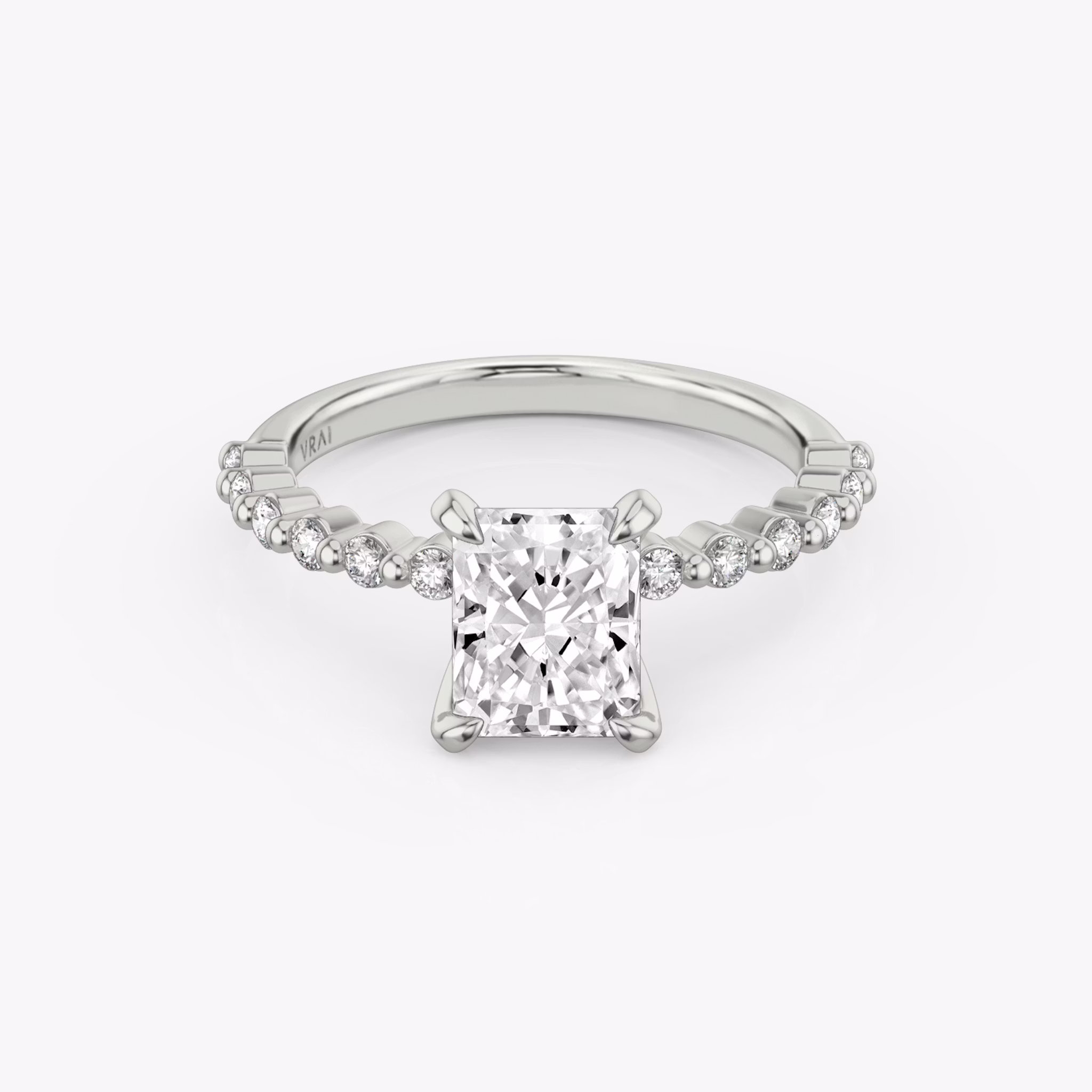 The Single Shared Prong | Radiant | 18k | White Gold | bandAccent: Plain | bandStoneStyle: original | diamondOrientation: vertical | caratWeight: other