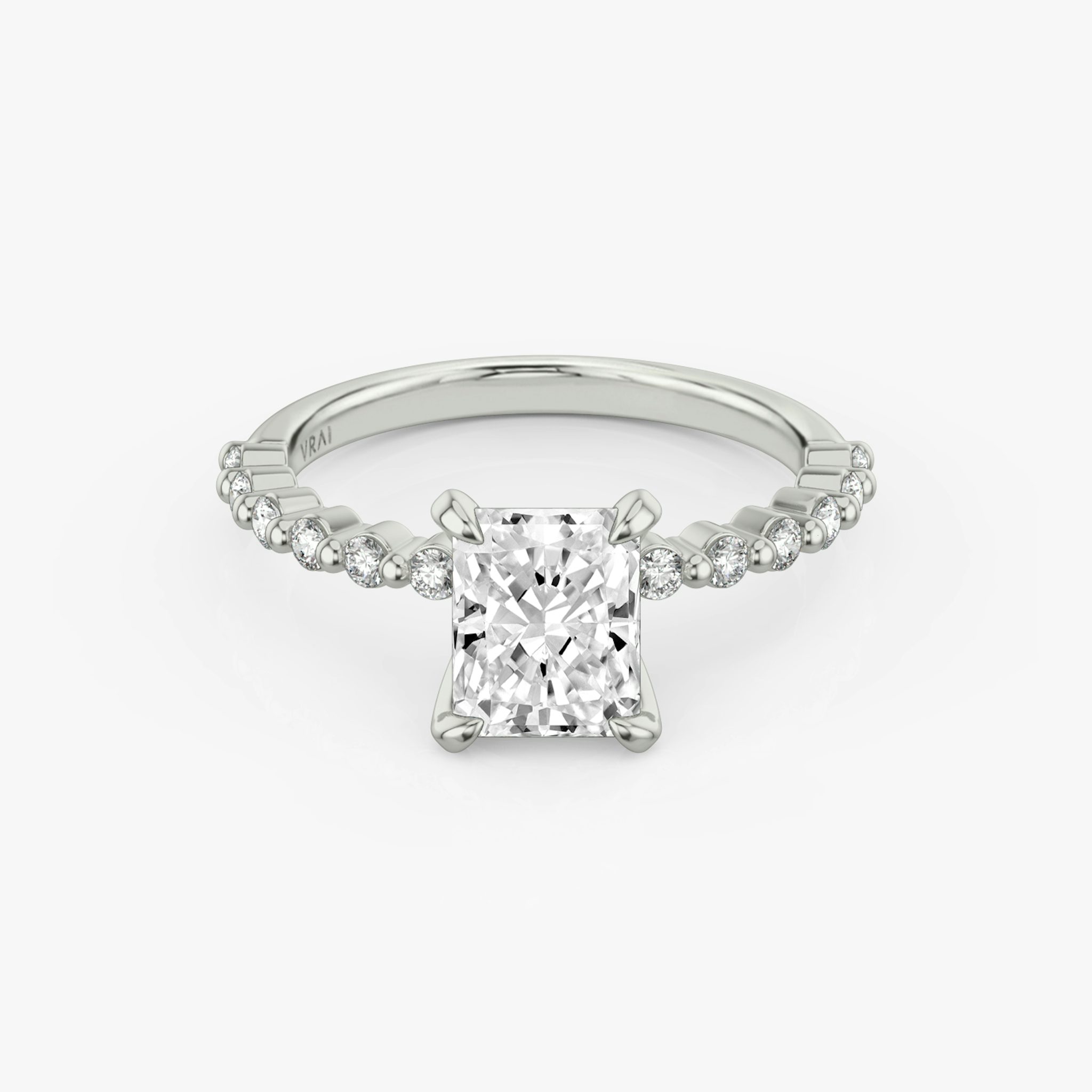 The Single Shared Prong | Radiant | 18k | White Gold | bandAccent: Plain | bandStoneStyle: original | diamondOrientation: vertical | caratWeight: other