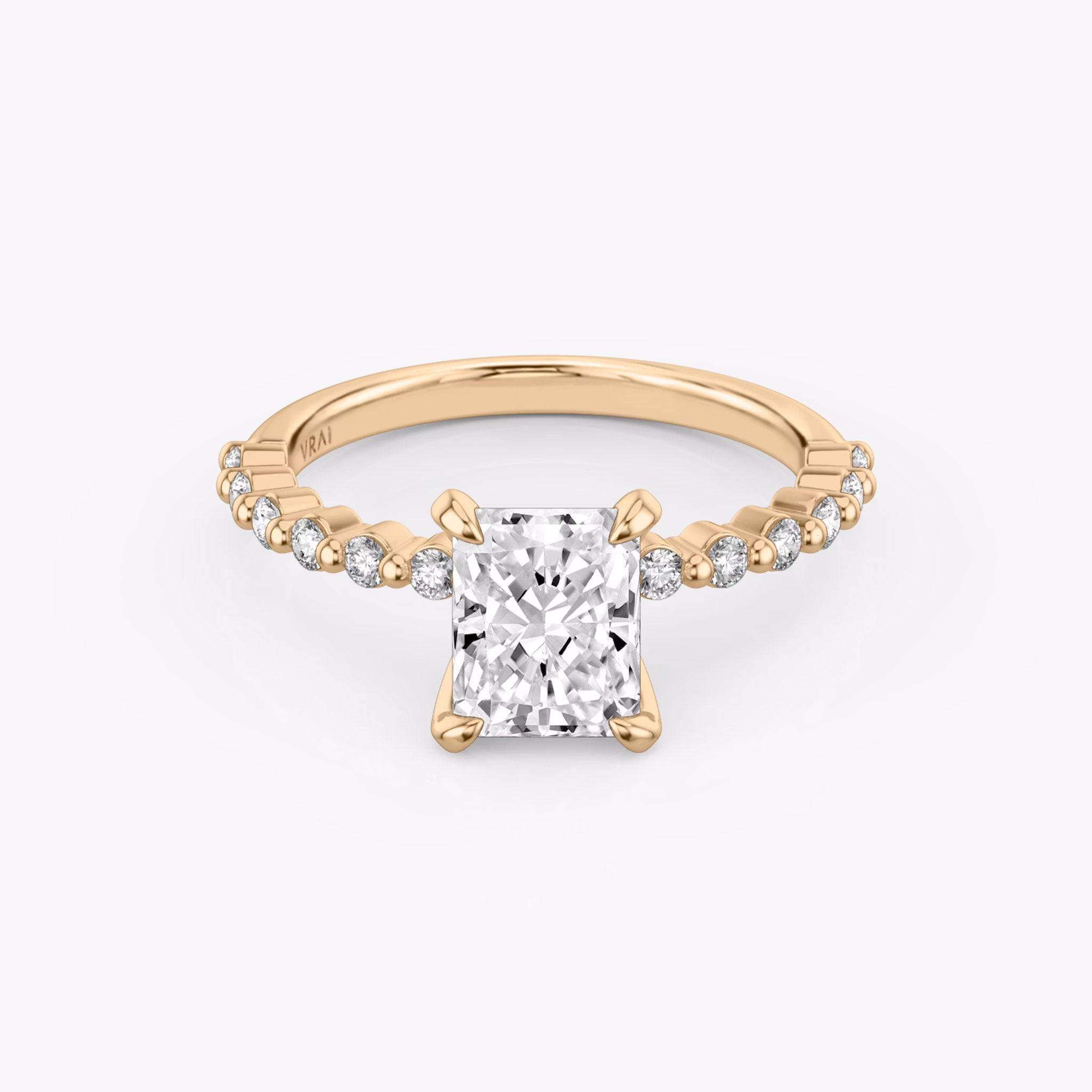 The Single Shared Prong | Radiant | 14k | Rose Gold | bandAccent: Plain | bandStoneStyle: original | diamondOrientation: vertical | caratWeight: other