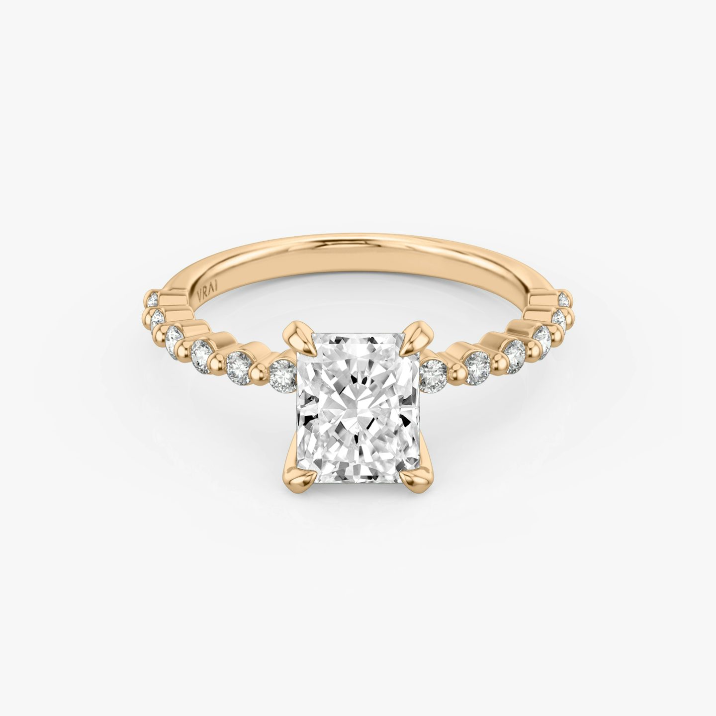The Single Shared Prong | Radiant | 14k | Rose Gold | bandAccent: Plain | bandStoneStyle: original | diamondOrientation: vertical | caratWeight: other