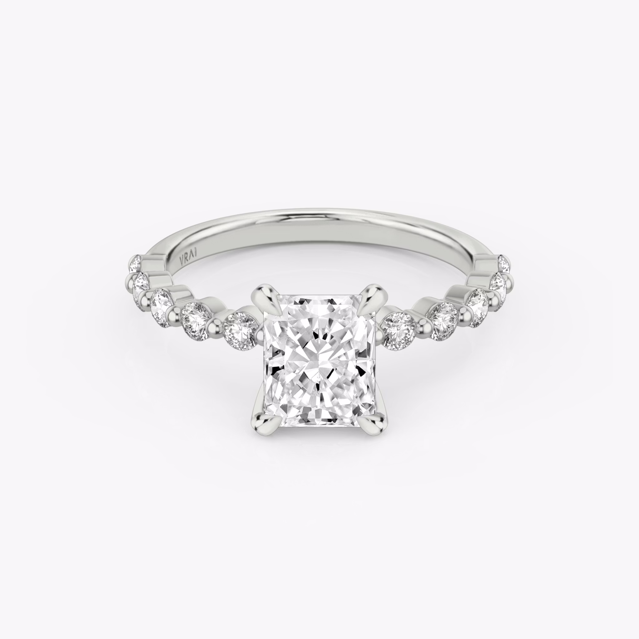 The Single Shared Prong | Radiant | 18k | White Gold | bandAccent: Plain | bandStoneStyle: large | diamondOrientation: vertical | caratWeight: other