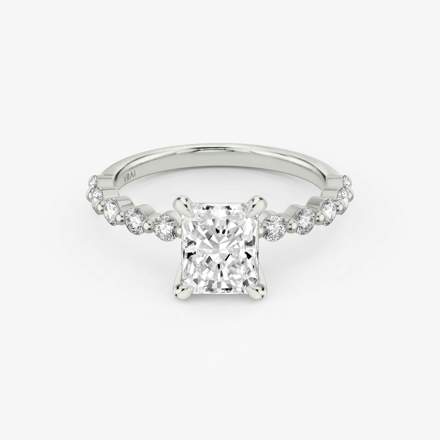 The Single Shared Prong | Radiant | 18k | White Gold | bandAccent: Plain | bandStoneStyle: large | diamondOrientation: vertical | caratWeight: other