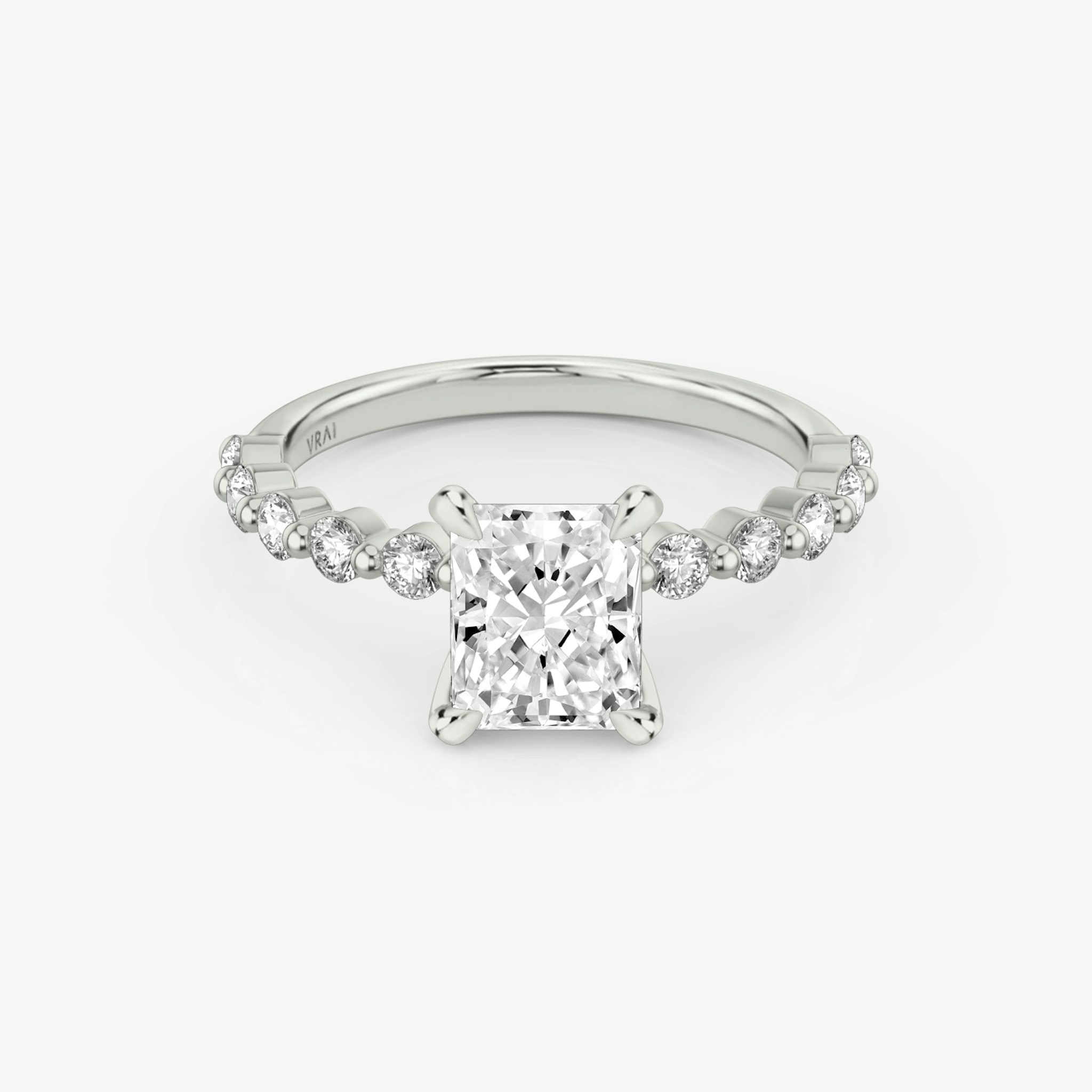 The Single Shared Prong | Radiant | 18k | White Gold | bandAccent: Plain | bandStoneStyle: large | diamondOrientation: vertical | caratWeight: other