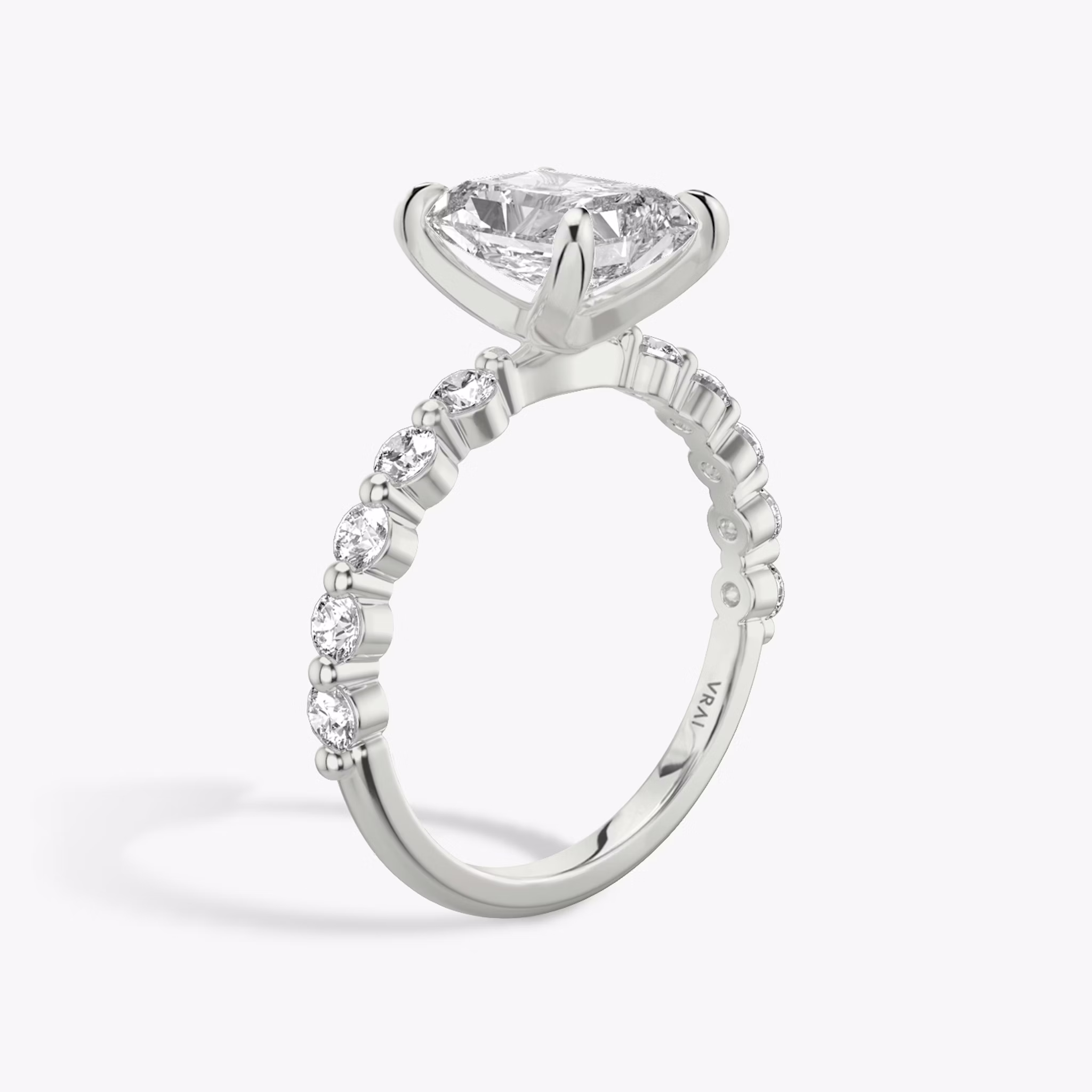 The Single Shared Prong | Radiant | 18k | White Gold | bandAccent: Plain | bandStoneStyle: large | diamondOrientation: vertical | caratWeight: other