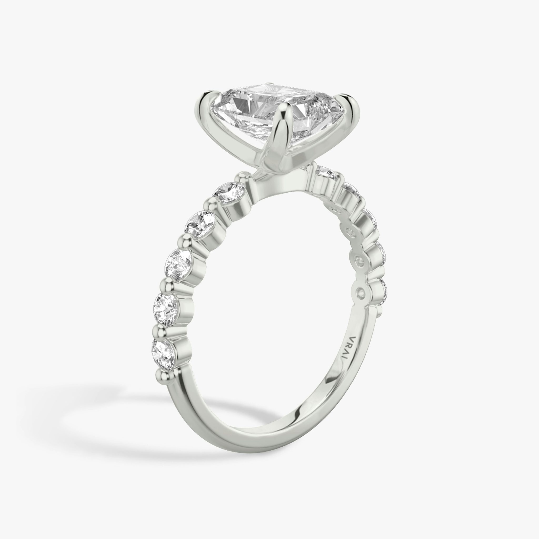 The Single Shared Prong | Radiant | 18k | White Gold | bandAccent: Plain | bandStoneStyle: large | diamondOrientation: vertical | caratWeight: other