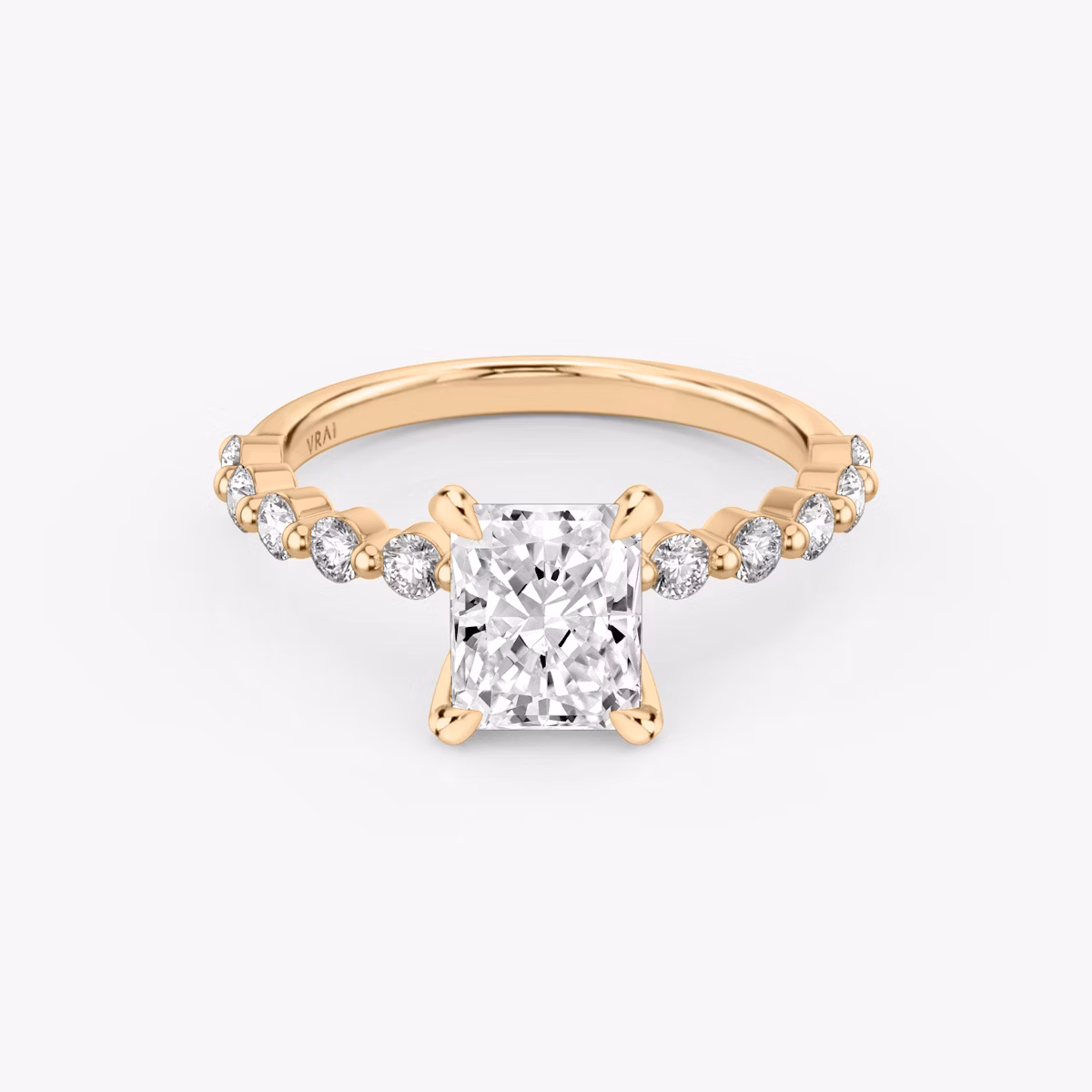 The Single Shared Prong | Radiant | 14k | Rose Gold | bandAccent: Plain | bandStoneStyle: large | diamondOrientation: vertical | caratWeight: other